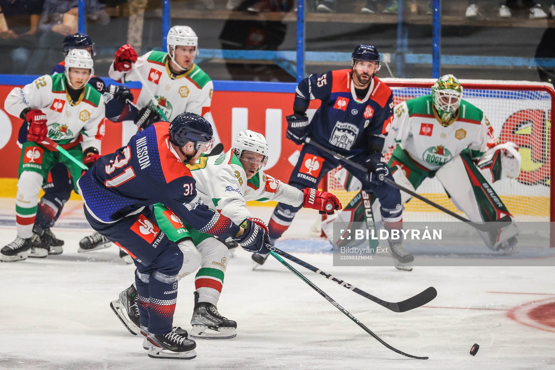 Henrik Nilsson of Fehervar and Anton Bengtsson of Rögle