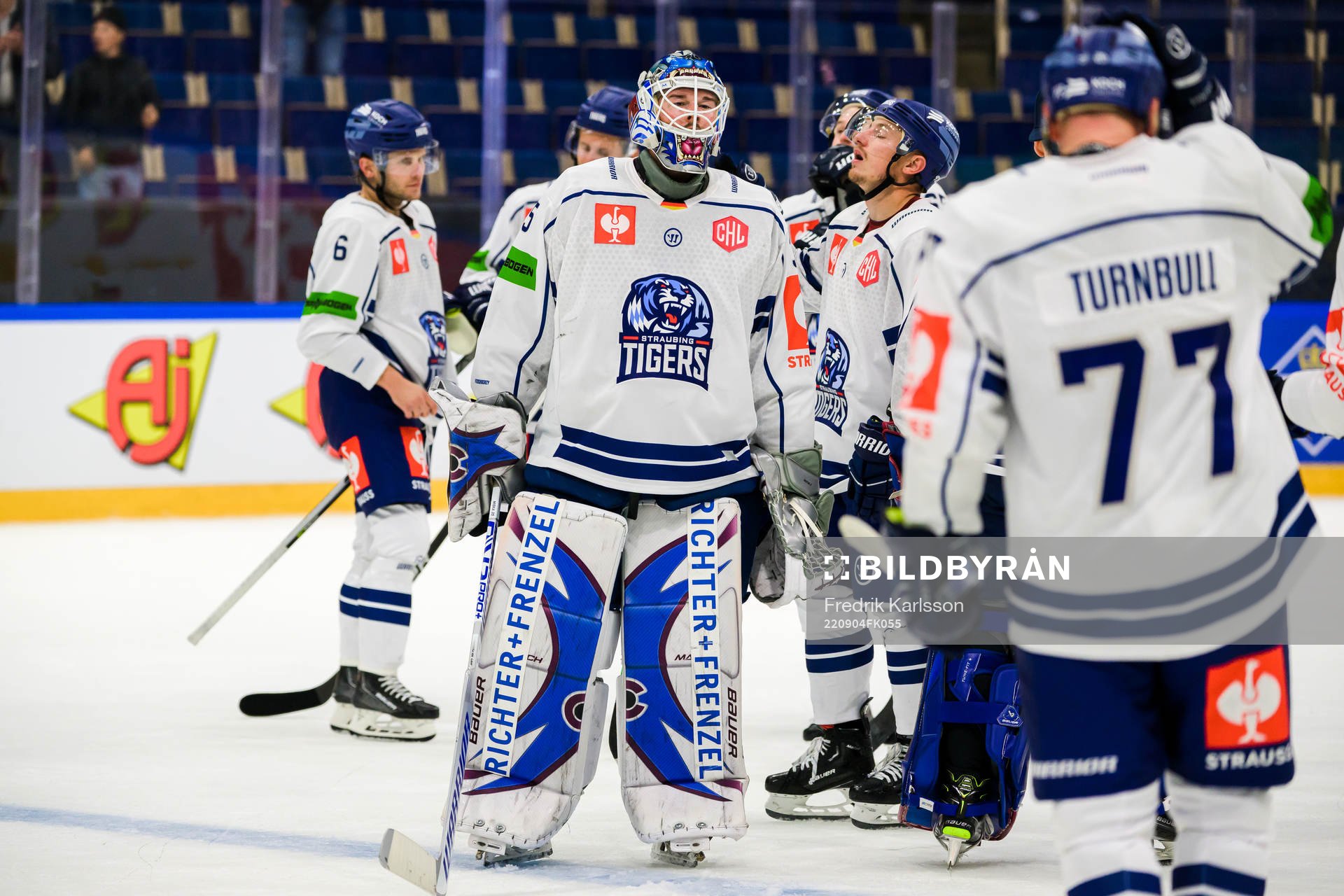Straubing Tigers goaltender Hunter Miska looks dejected