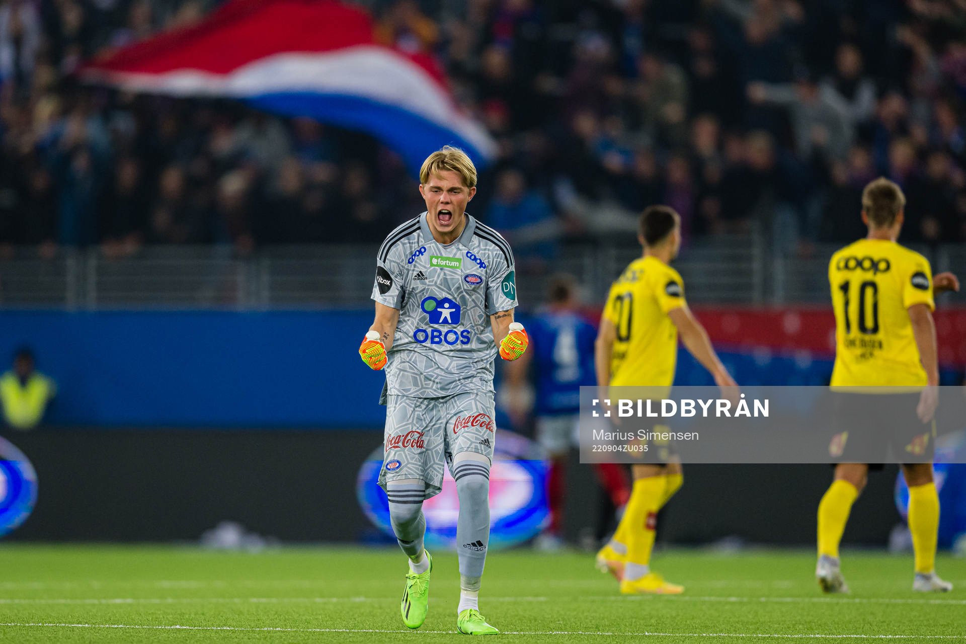 Magnus Smelhus Sjøeng of Vålerenga celebrates after the 1-0 goal during the Eliteserien match between Vålerenga and Lillestrøm on September 4, 2022 in Oslo.