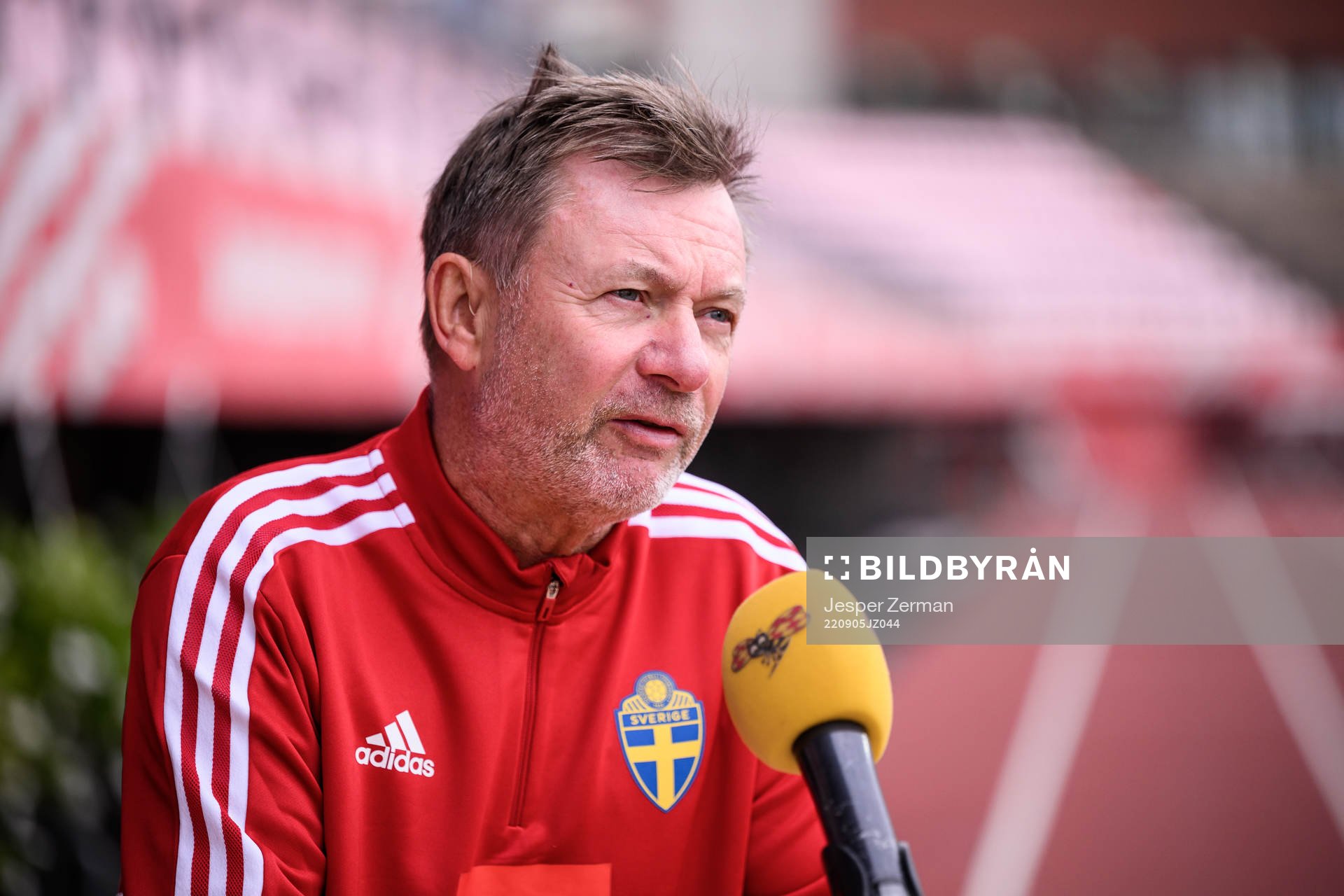 Peter Gerhardsson, head coach of the Swedish women's national football team speaks to media after a training session on September 5, 2022 in Tampere.