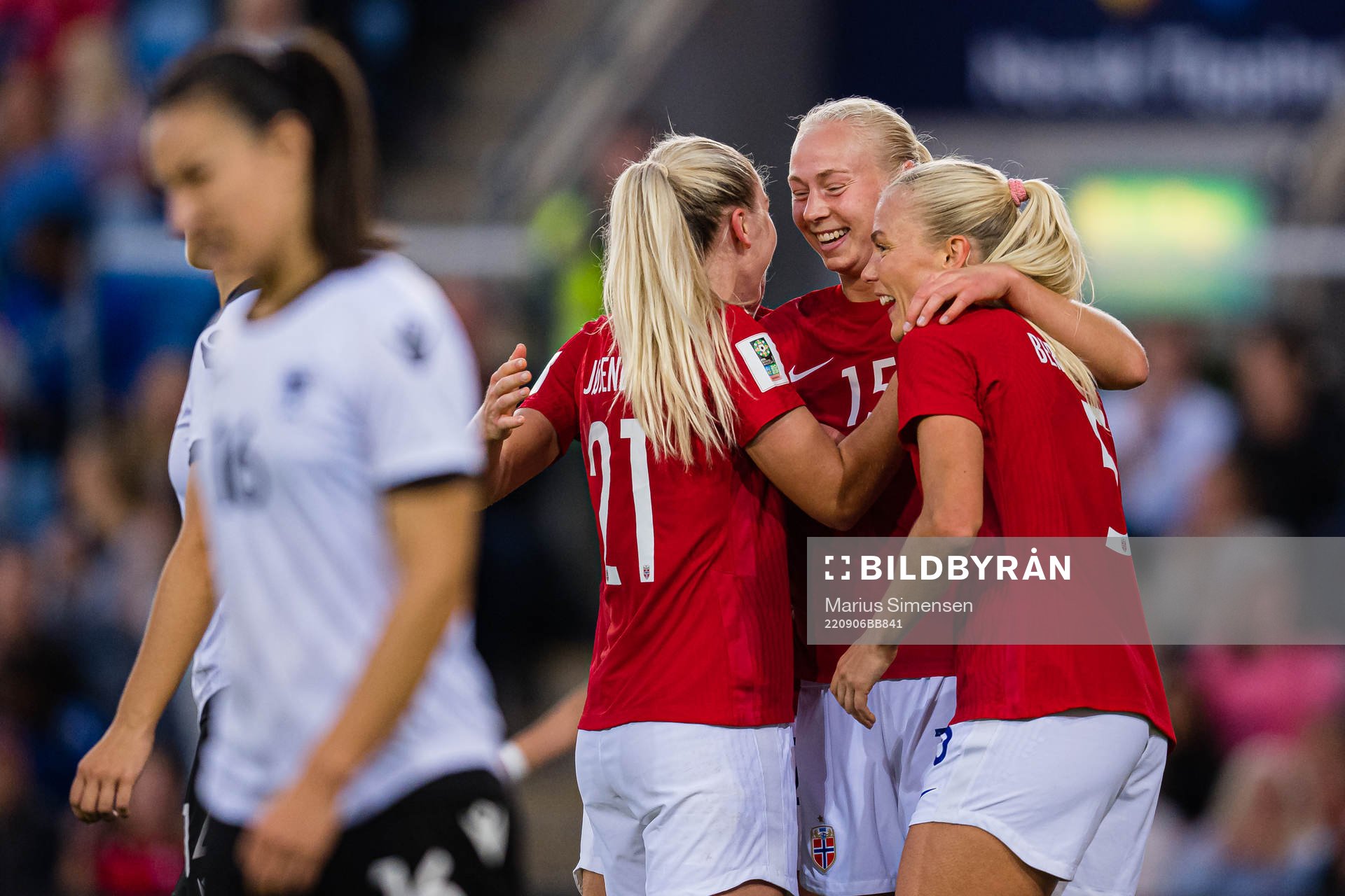 Sara Iren Lindbak Hørte of Norway celebrates after scoring the 5-0 goal during FIFA Women's World Cup Qualifier football match between Norway and Albania on September 6, 2022 in Oslo.