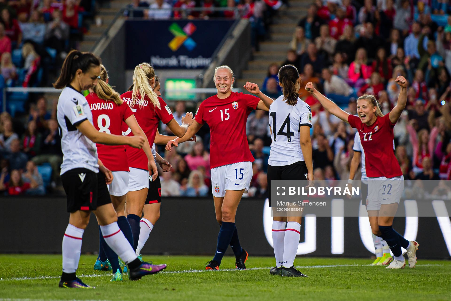 Sara Iren Lindbak Hørte of Norway celebrates after scoring the 5-0 goal during FIFA Women's World Cup Qualifier football match between Norway and Albania on September 6, 2022 in Oslo.