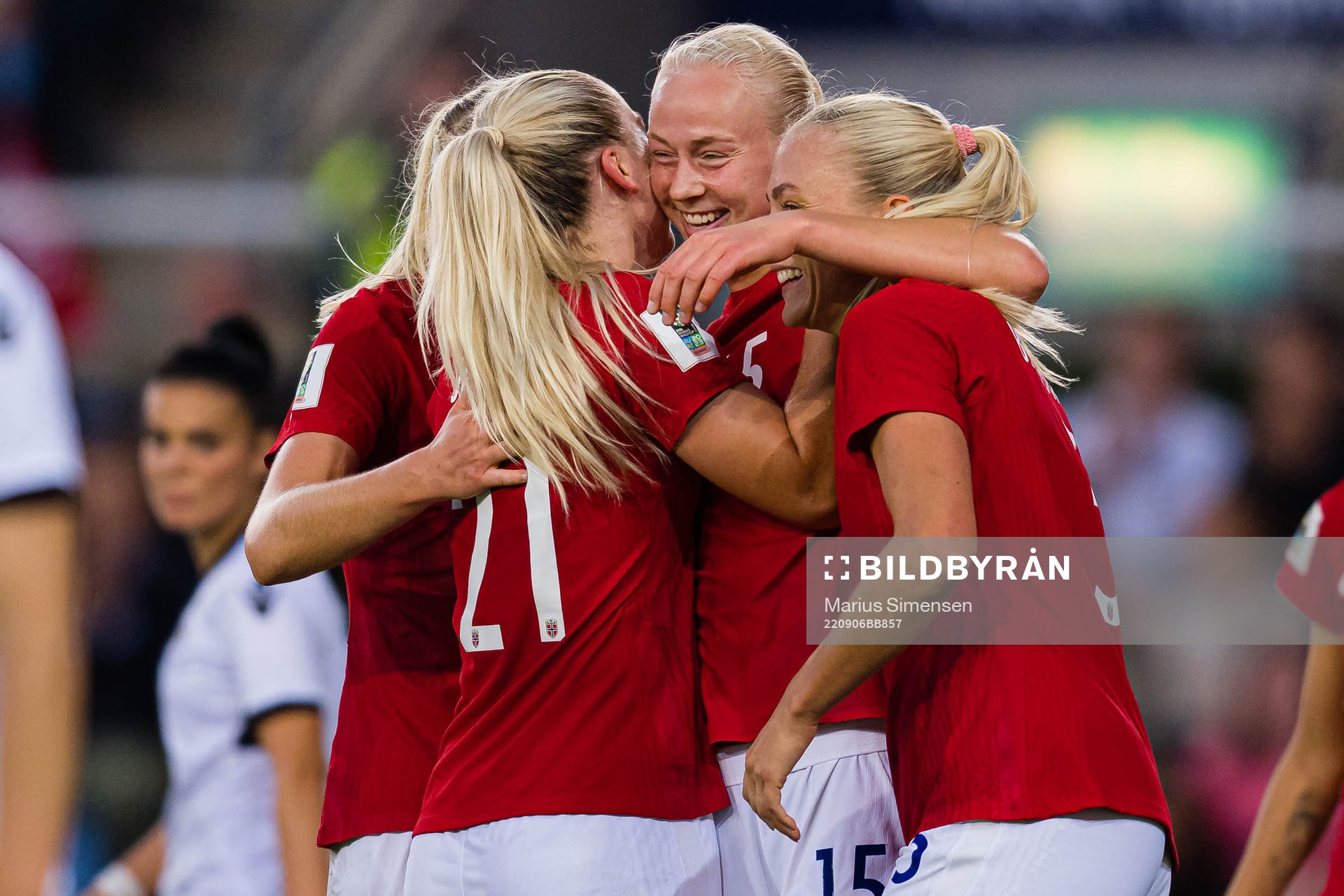 Sara Iren Lindbak Hørte of Norway celebrates after scoring the 5-0 goal during FIFA Women's World Cup Qualifier football match between Norway and Albania on September 6, 2022 in Oslo.