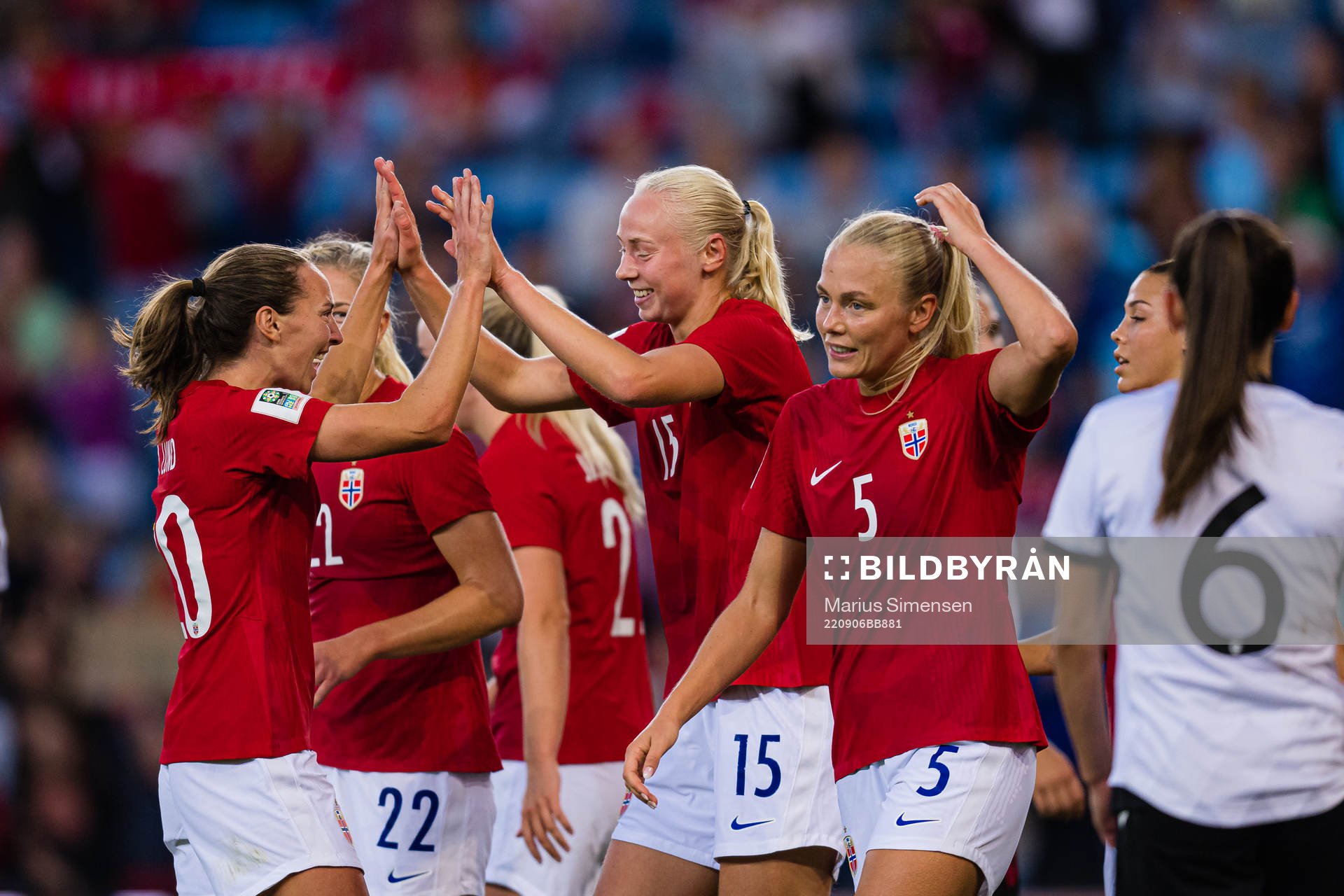 Sara Iren Lindbak Hørte of Norway celebrates after scoring the 5-0 goal during FIFA Women's World Cup Qualifier football match between Norway and Albania on September 6, 2022 in Oslo.