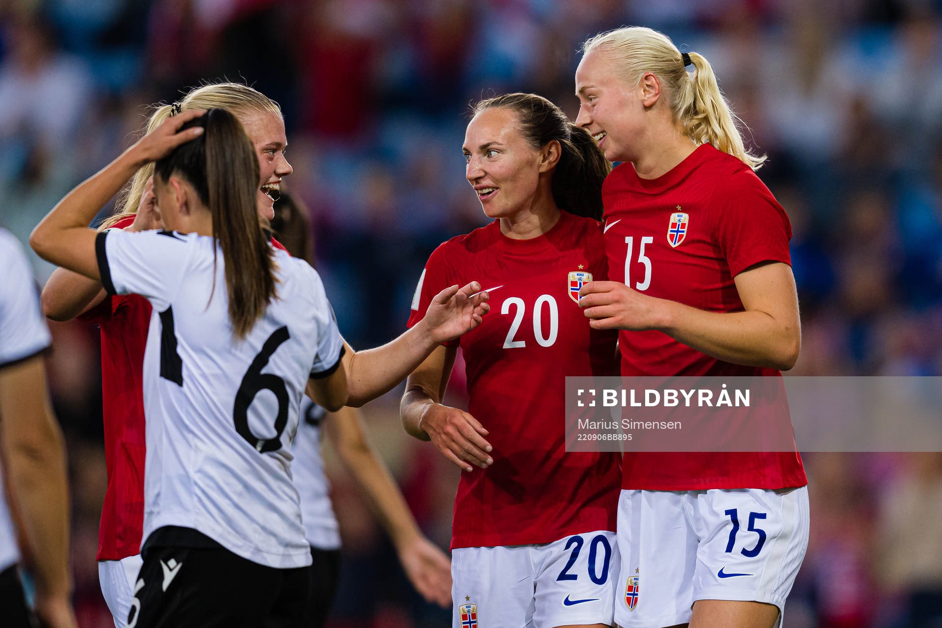 Sara Iren Lindbak Hørte of Norway celebrates after scoring the 5-0 goal during FIFA Women's World Cup Qualifier football match between Norway and Albania on September 6, 2022 in Oslo.