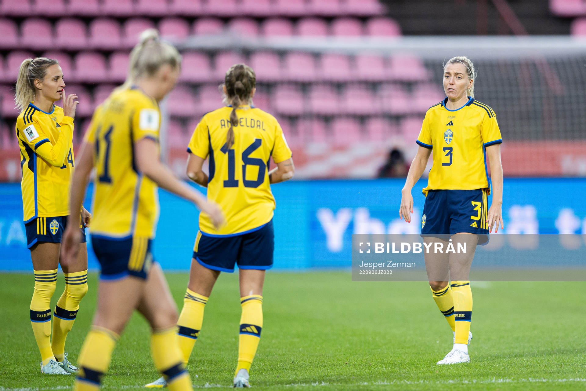 Nathalie Björn , Filippa Angeldahl and Linda Sembrant of Sweden ahead of the FIFA Women's World Cup Qualifier football match between Finland and Sweden on September 6, 2022 in Tampere.
