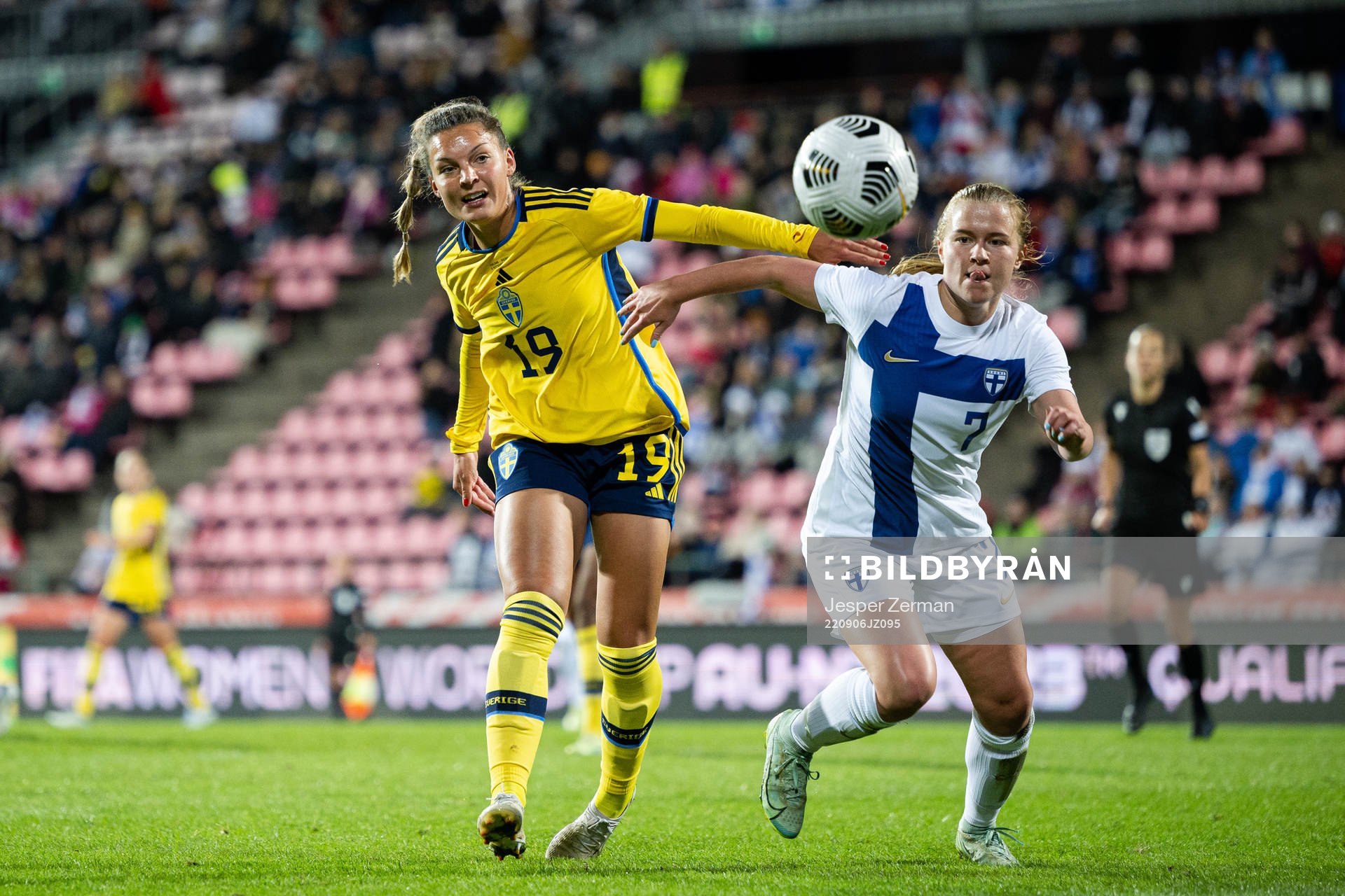 Johanna Rytting Kaneryd of Sweden and Emmi Siren of Finland during the FIFA Women's World Cup Qualifier football match between Finland and Sweden on September 6, 2022 in Tampere.