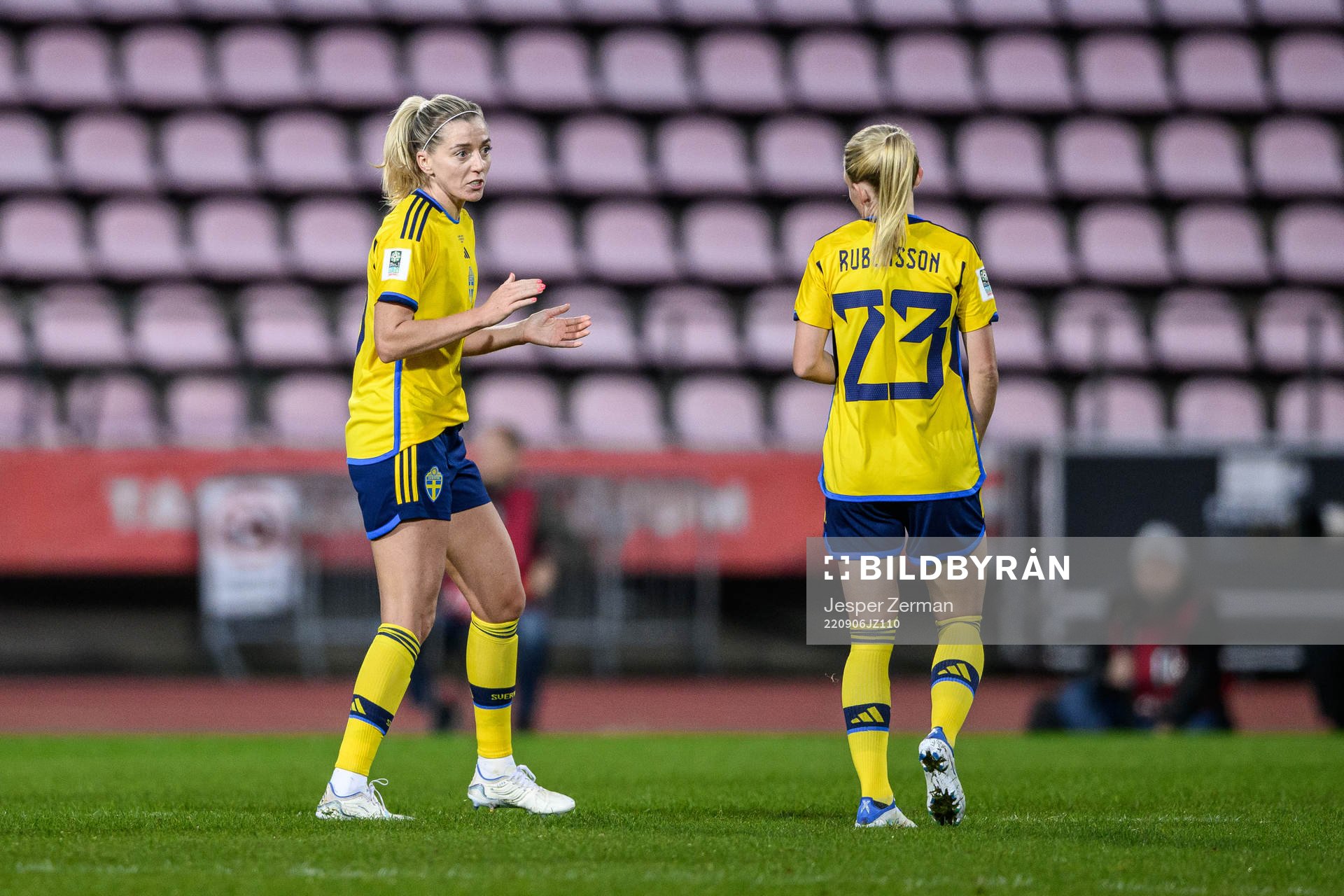Linda Sembrant and Elin Rubensson of Sweden during the FIFA Women's World Cup Qualifier football match between Finland and Sweden on September 6, 2022 in Tampere.