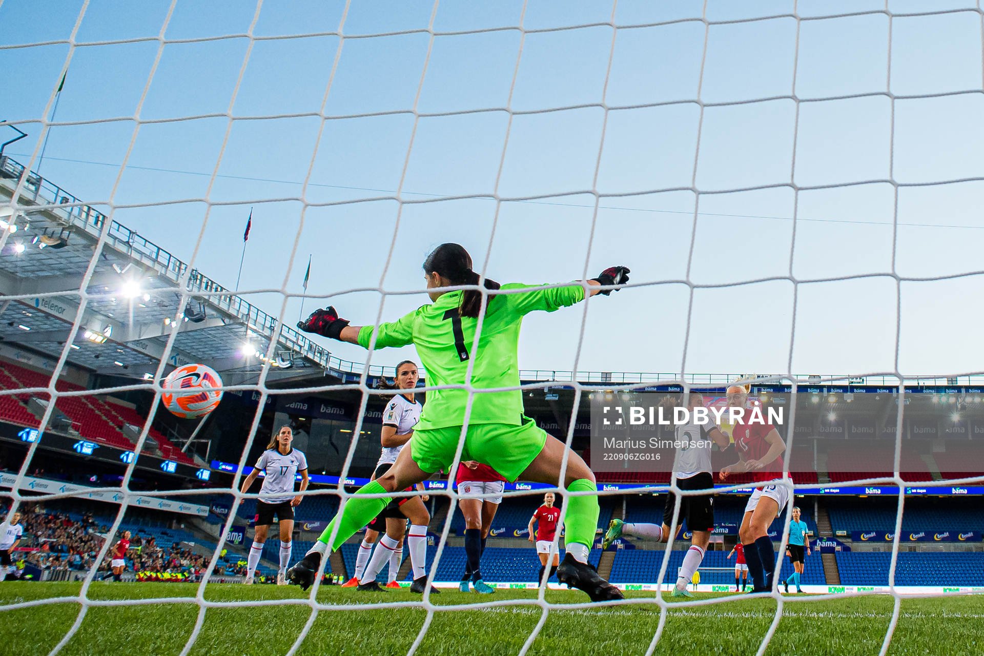 Sara Iren Lindbak Hørte of Norway scores the 5-0 goal during FIFA Women's World Cup Qualifier football match between Norway and Albania on September 6, 2022 in Oslo.