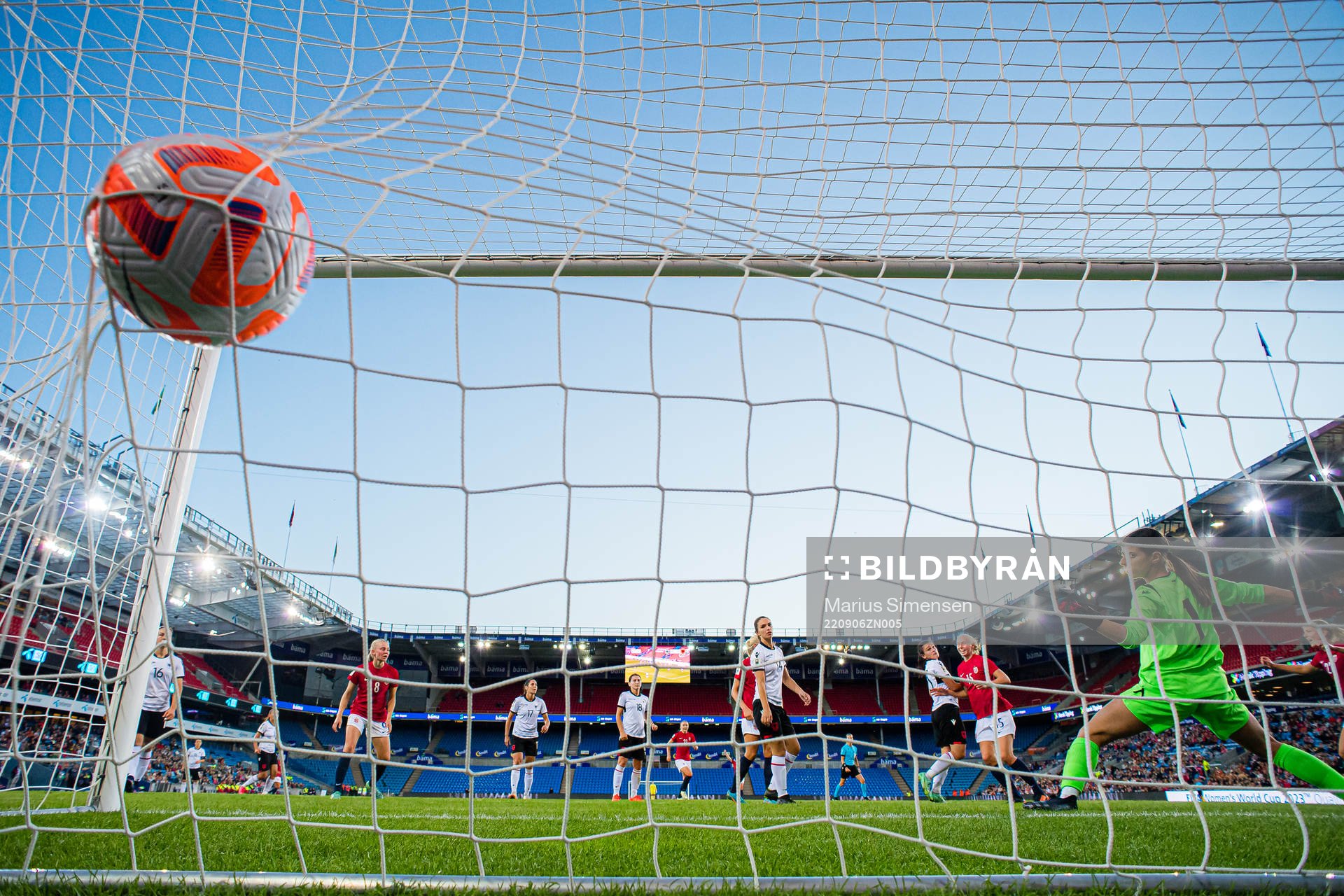 Sara Iren Lindbak Hørte of Norway scores the 5-0 goal during FIFA Women's World Cup Qualifier football match between Norway and Albania on September 6, 2022 in Oslo.