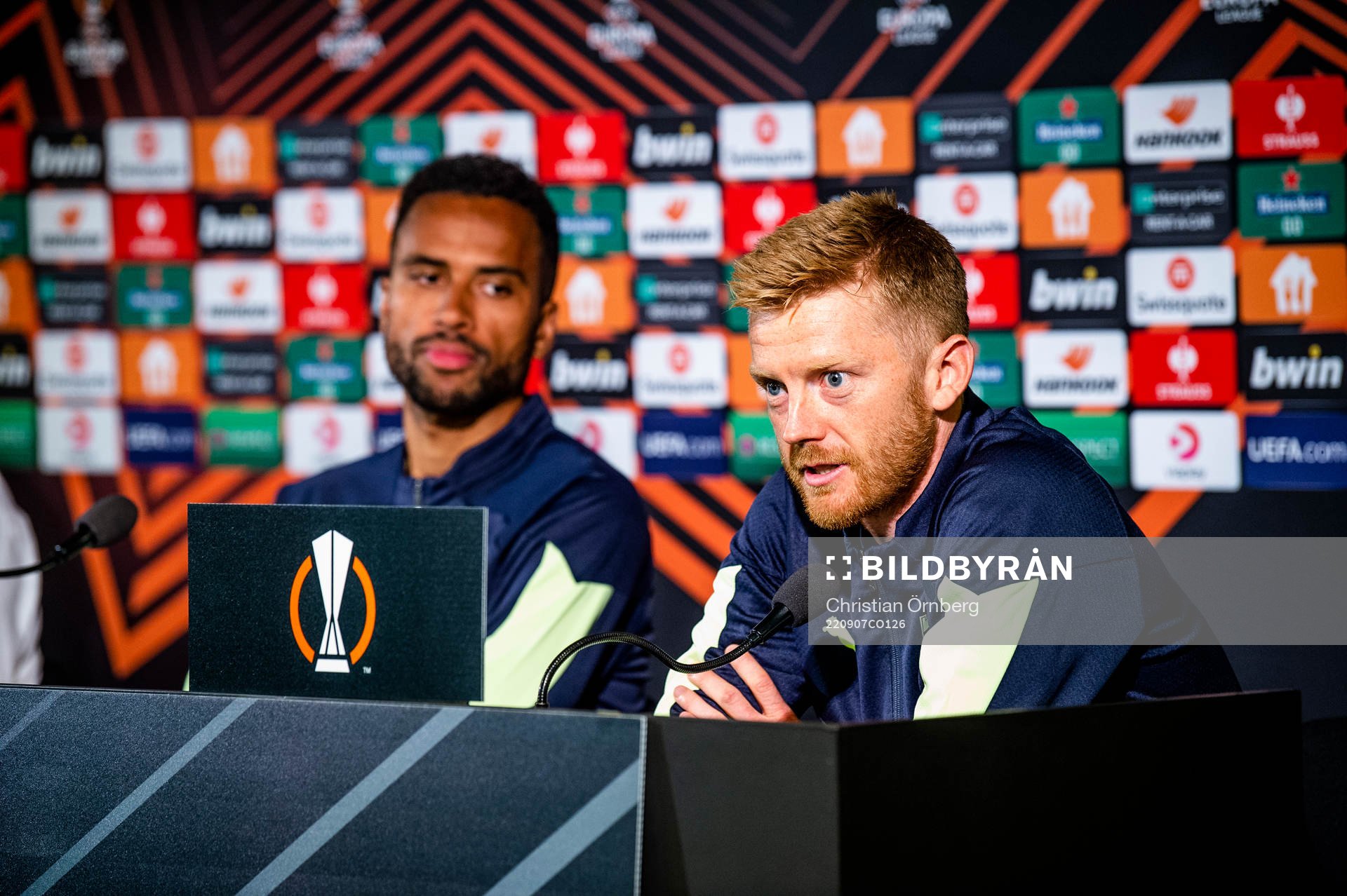 Isaac Kiese Thelin and Anders Christiansen during a press conference with Malmö FF on September 7, 2022 in Malmö. 