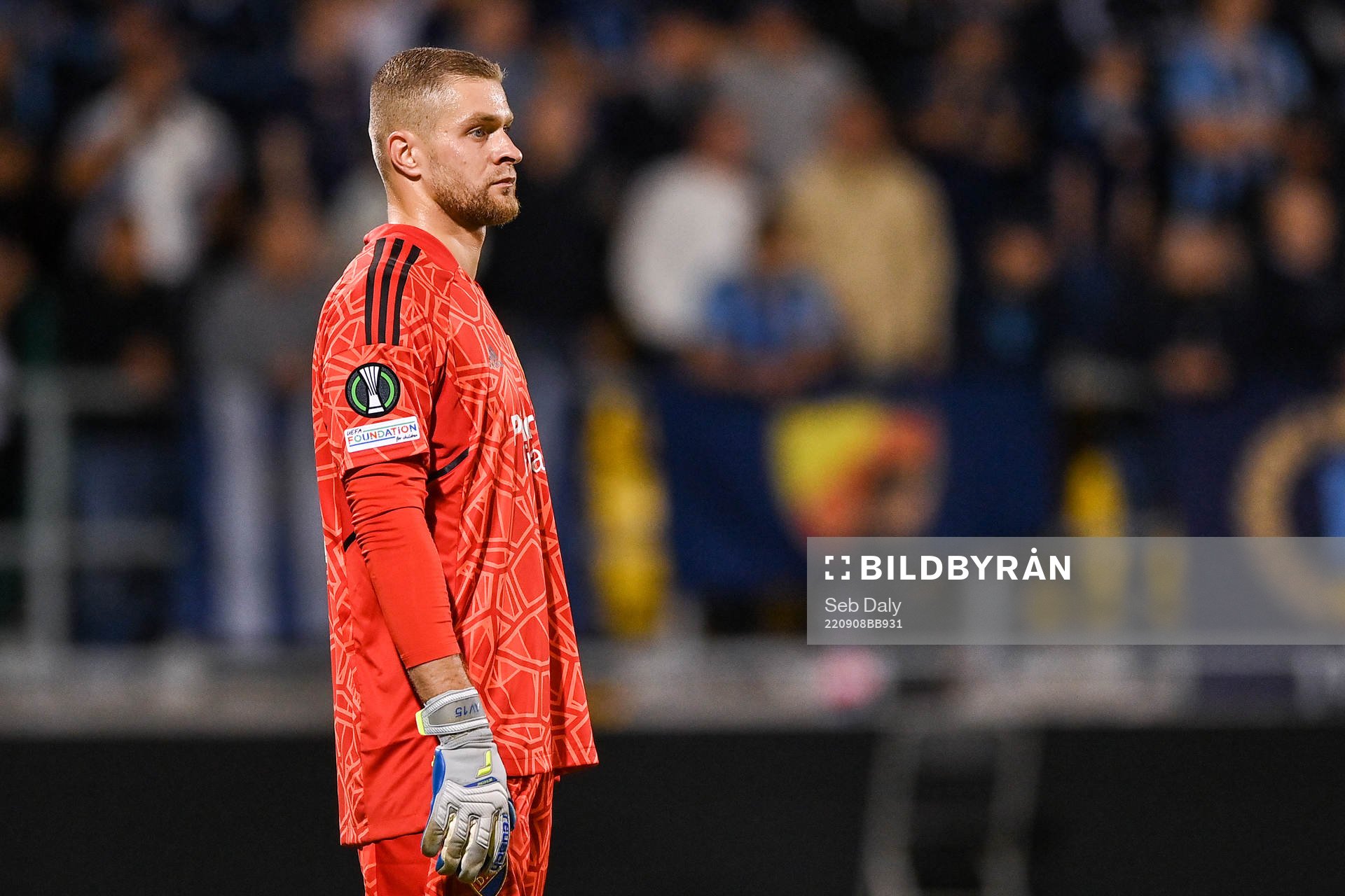 goalkeeper Aleksandr Vasiutin of Djurgården during the UEFA Conference League group match between Shamrock Rovers and Djurgården on September 8, 2022 in Dublin.