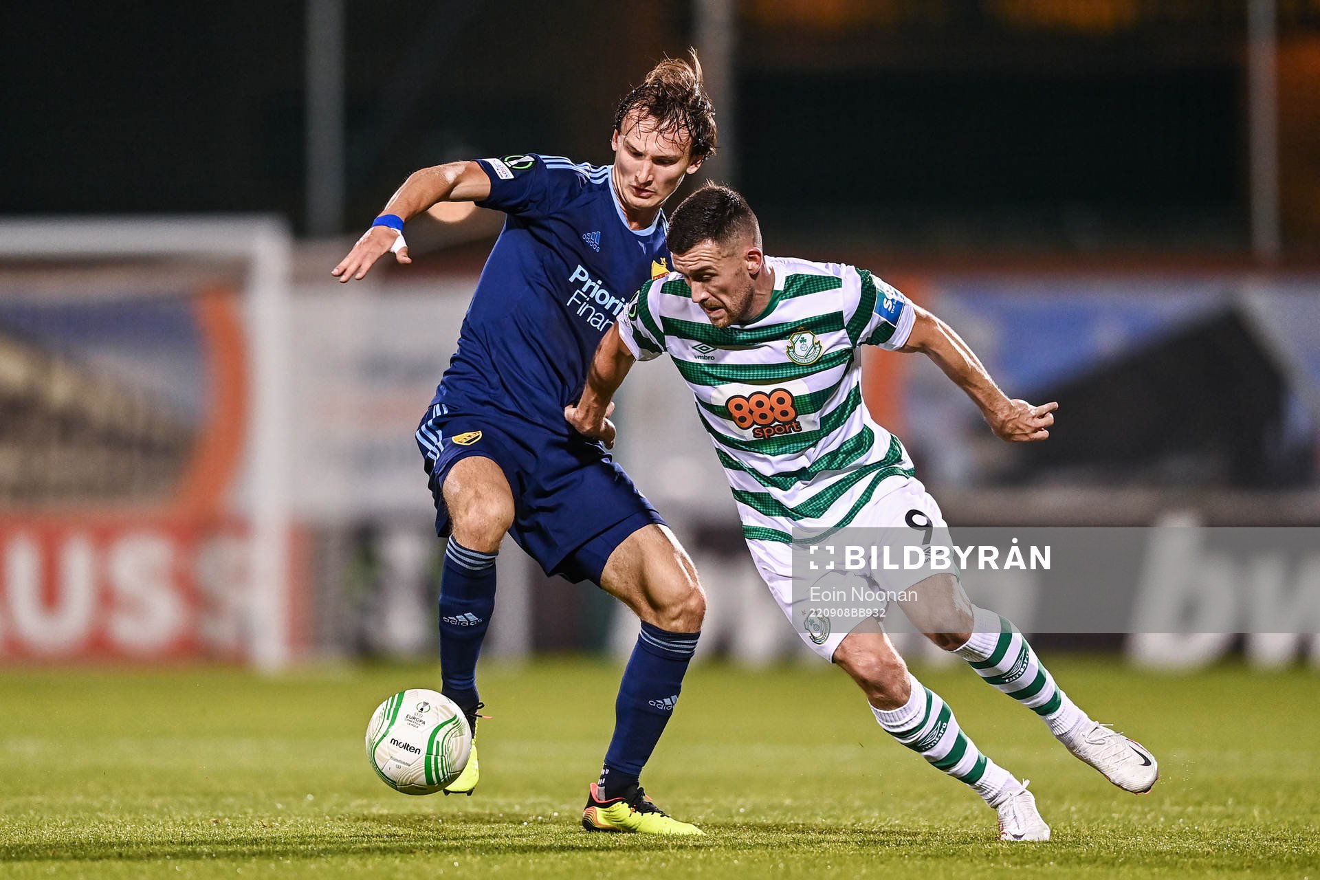 Hjalmar Ekdal of Djurgården and Aaron Greene of Shamrock Rovers during the UEFA Conference League group match between Shamrock Rovers and Djurgården on September 8, 2022 in Dublin.