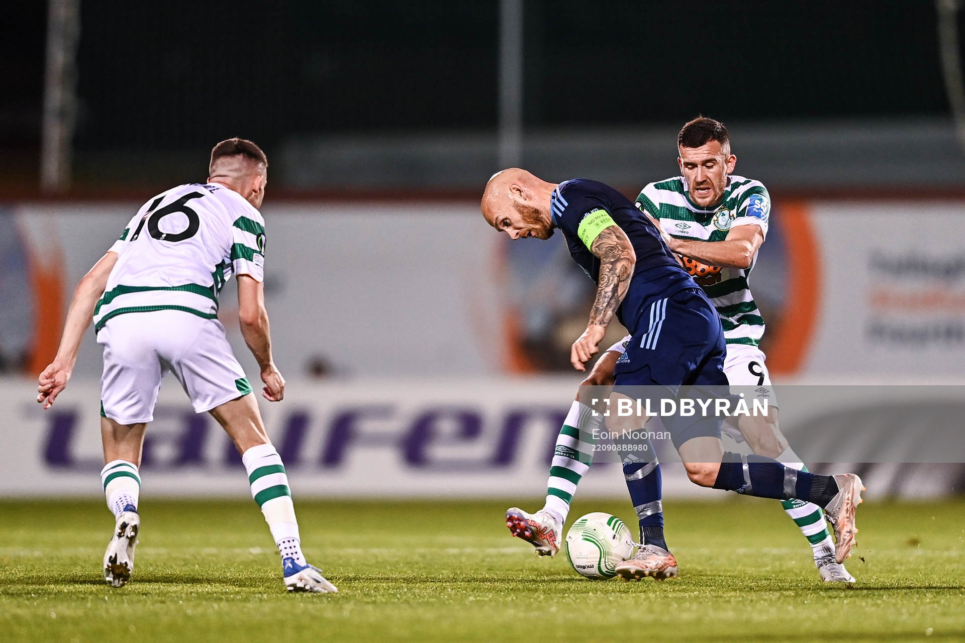 Haris Radetinac of Djurgården and Aaron Greene of Shamrock Rovers during the UEFA Conference League group match between Shamrock Rovers and Djurgården on September 8, 2022 in Dublin.