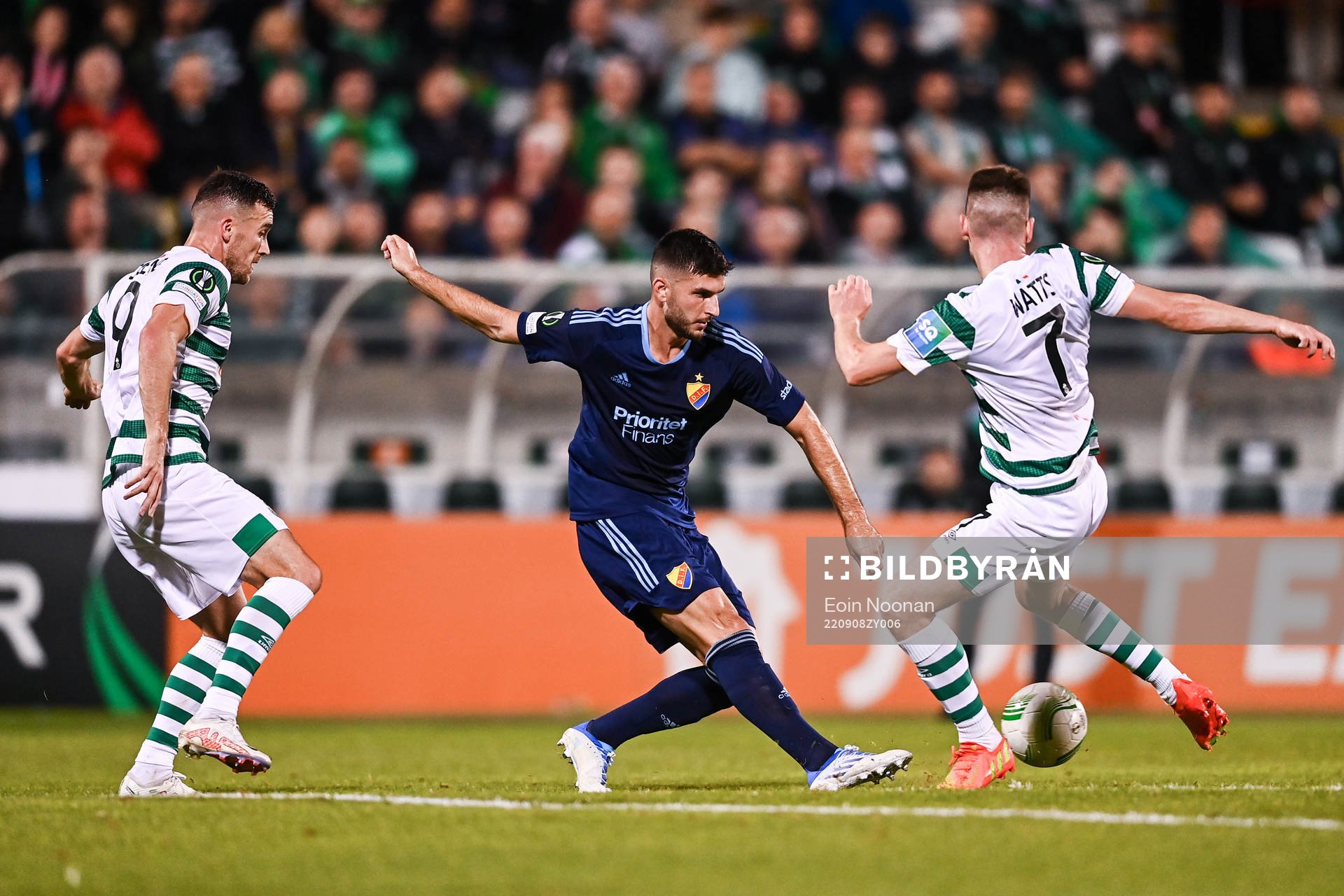 Aaron Greene and Dylan Watts of Shamrock Rovers and Besard Sabovic of Djurgården during the UEFA Conference League group match between Shamrock Rovers and Djurgården on September 8, 2022 in Dublin.