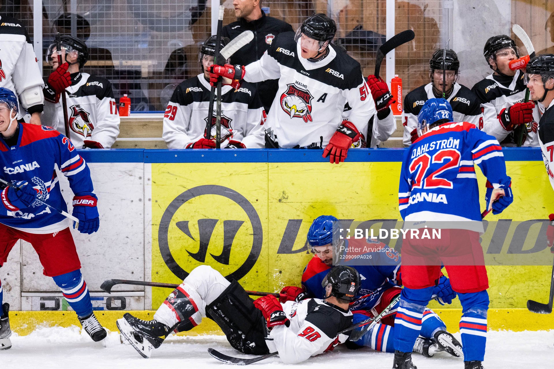 Malmö Redhawks Emil Sylvegård i båset i samband med en