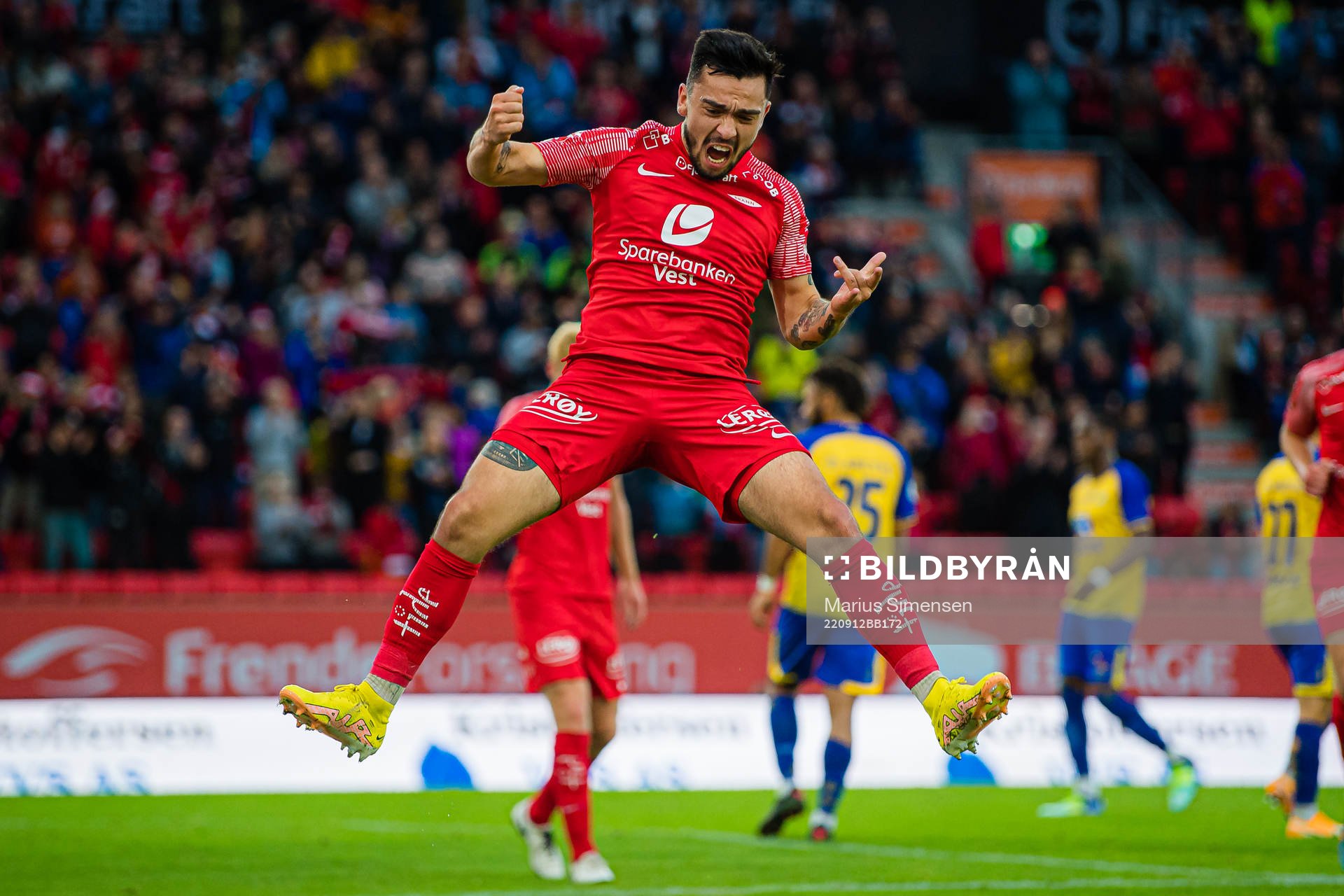 Niklas Fernando Nygaard Castro of Brann celebrates after scoring the 2-0 goal during the OBOS-ligaen match between Brann and Grorud on September 12, 2022 in Bergen.