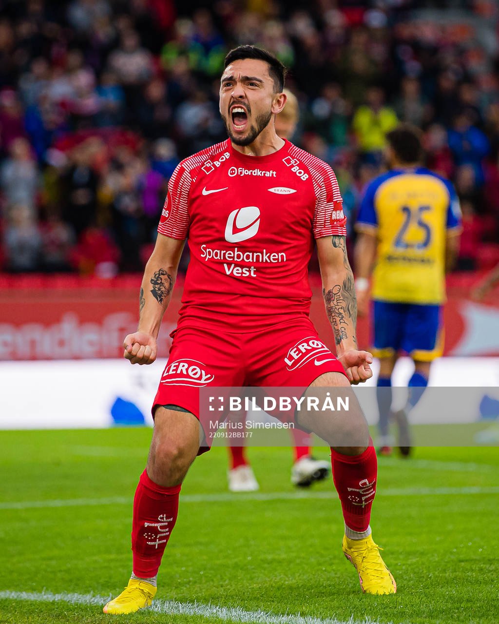 Niklas Fernando Nygaard Castro of Brann celebrates after scoring the 2-0 goal during the OBOS-ligaen match between Brann and Grorud on September 12, 2022 in Bergen.