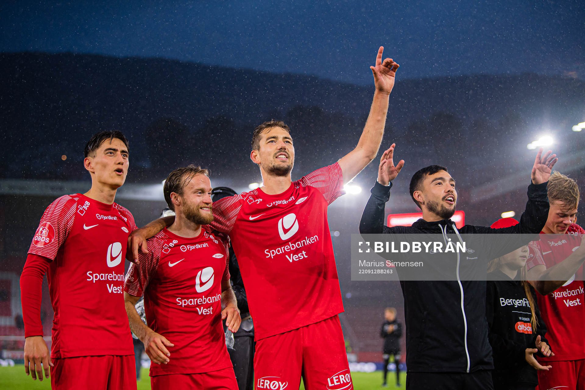 Svenn Crone, Bård Finne, Fredrik Pallesen Knudsen and Niklas Fernando Nygaard Castro of Brann celebrates after the OBOS-ligaen match between Brann and Grorud on September 12, 2022 in Bergen.