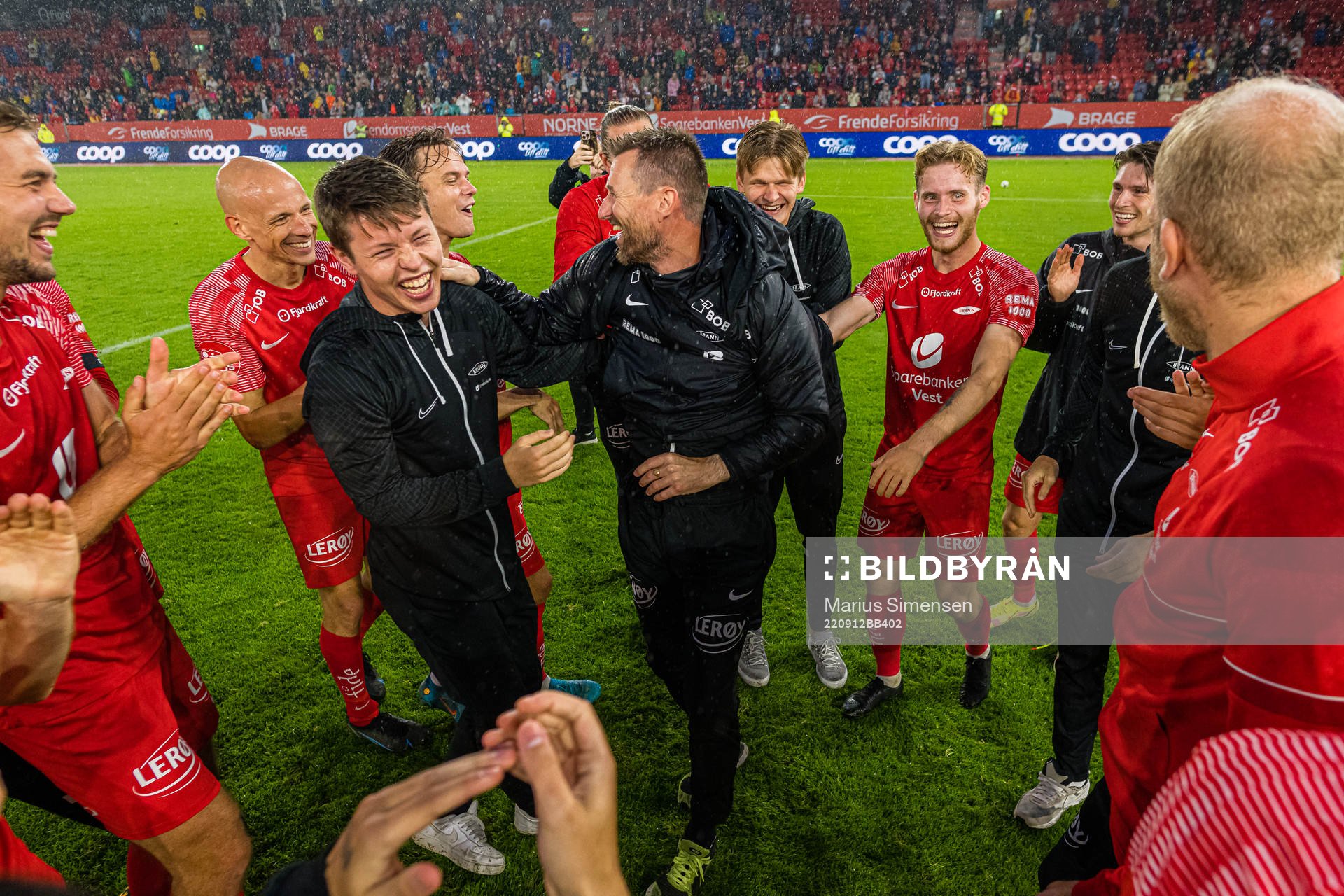Fredrik Pallesen Knudsen, Ruben Kristiansen, Mathias Knutsen Rasmussen, Felix Horn Myhre, Eirik Horneland, head coach of Brann, David Møller Wolfe, Ole Didrik Blomberg and Kasper Holmboe Skaanes of Brann celebrates after the OBOS-ligaen match between Brann and Grorud on September 12, 2022 in Bergen.
