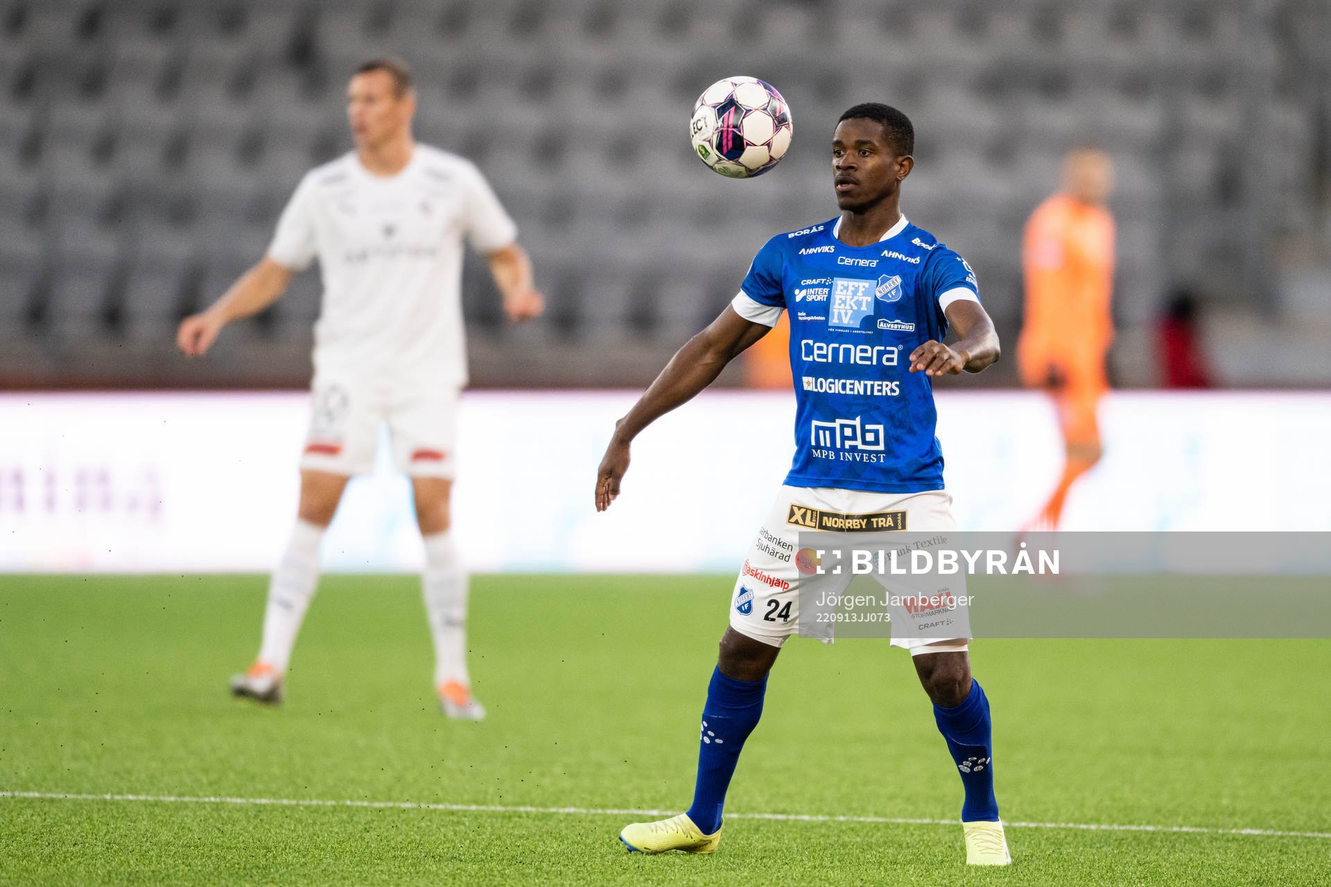 Norrbys Jaheem Burke under fotbollsmatchen i Superettan mellan Norrby och Halmstad den 13 september 2022 i Borås. 