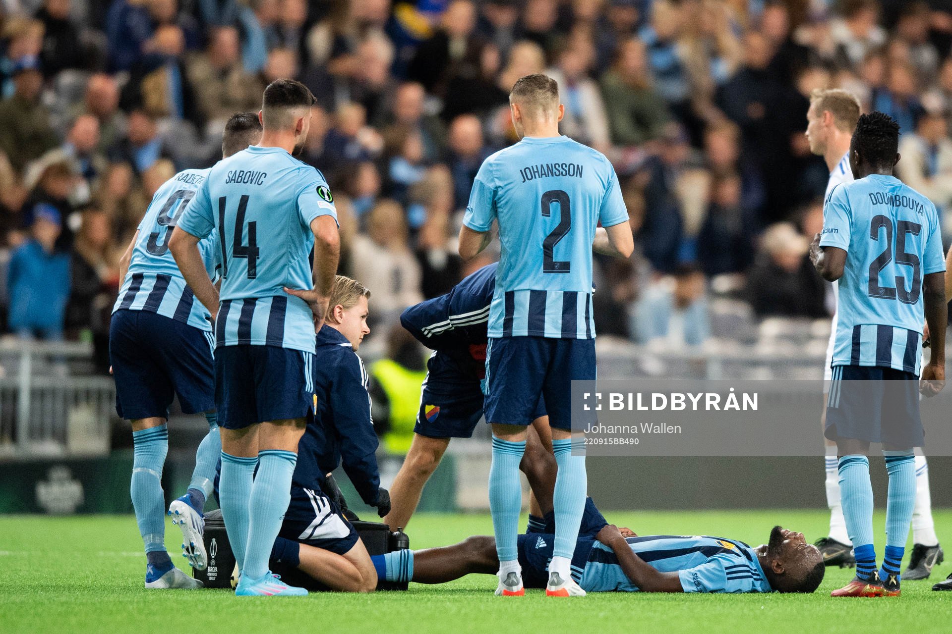 Emmanuel Banda of Djurgården receives medical treatment