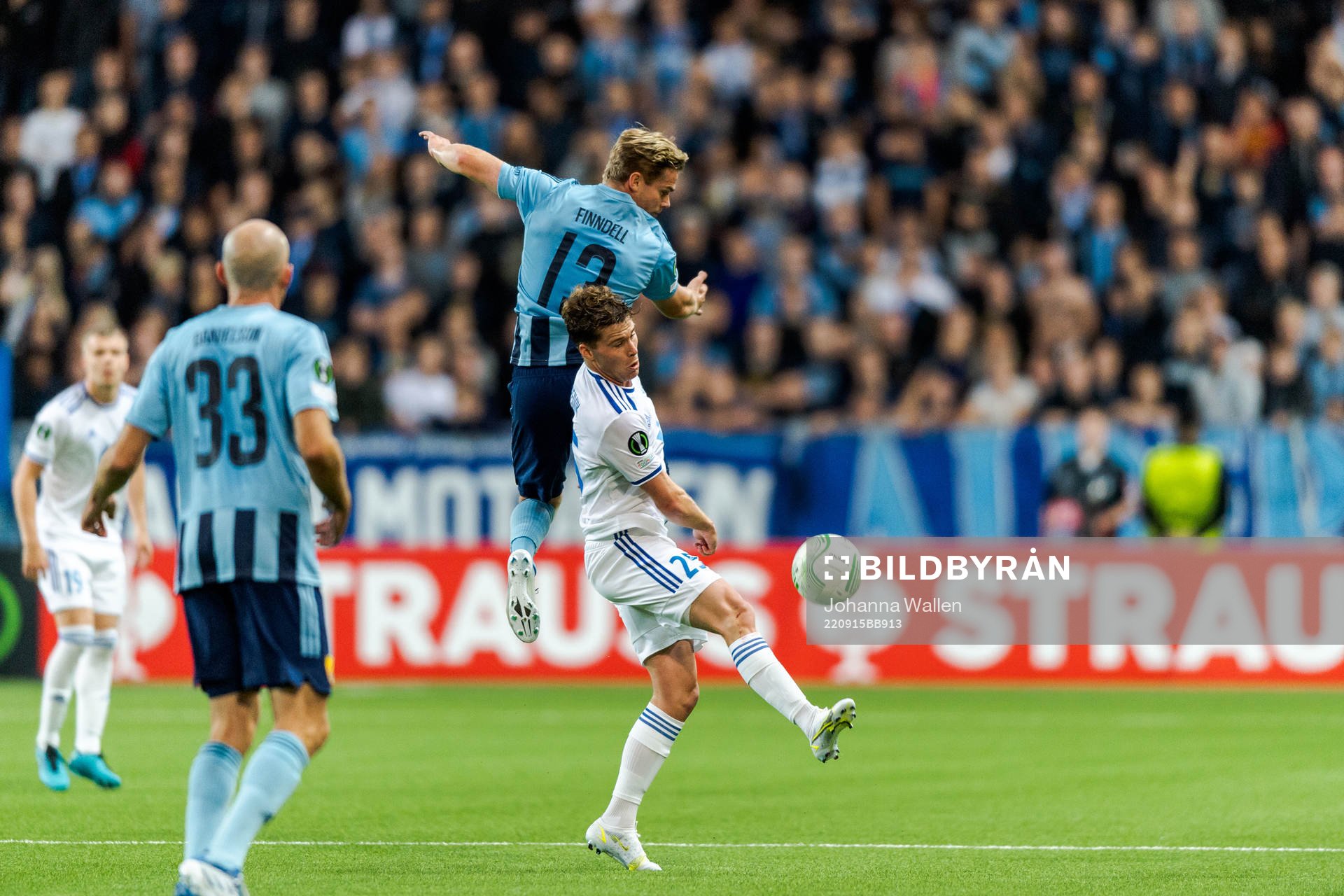 Hampus Finndell of Djurgården and Emil Breivik of Molde during the UEFA Conference League match between Djurgården and Molde on September 15, 2022 in Stockholm.