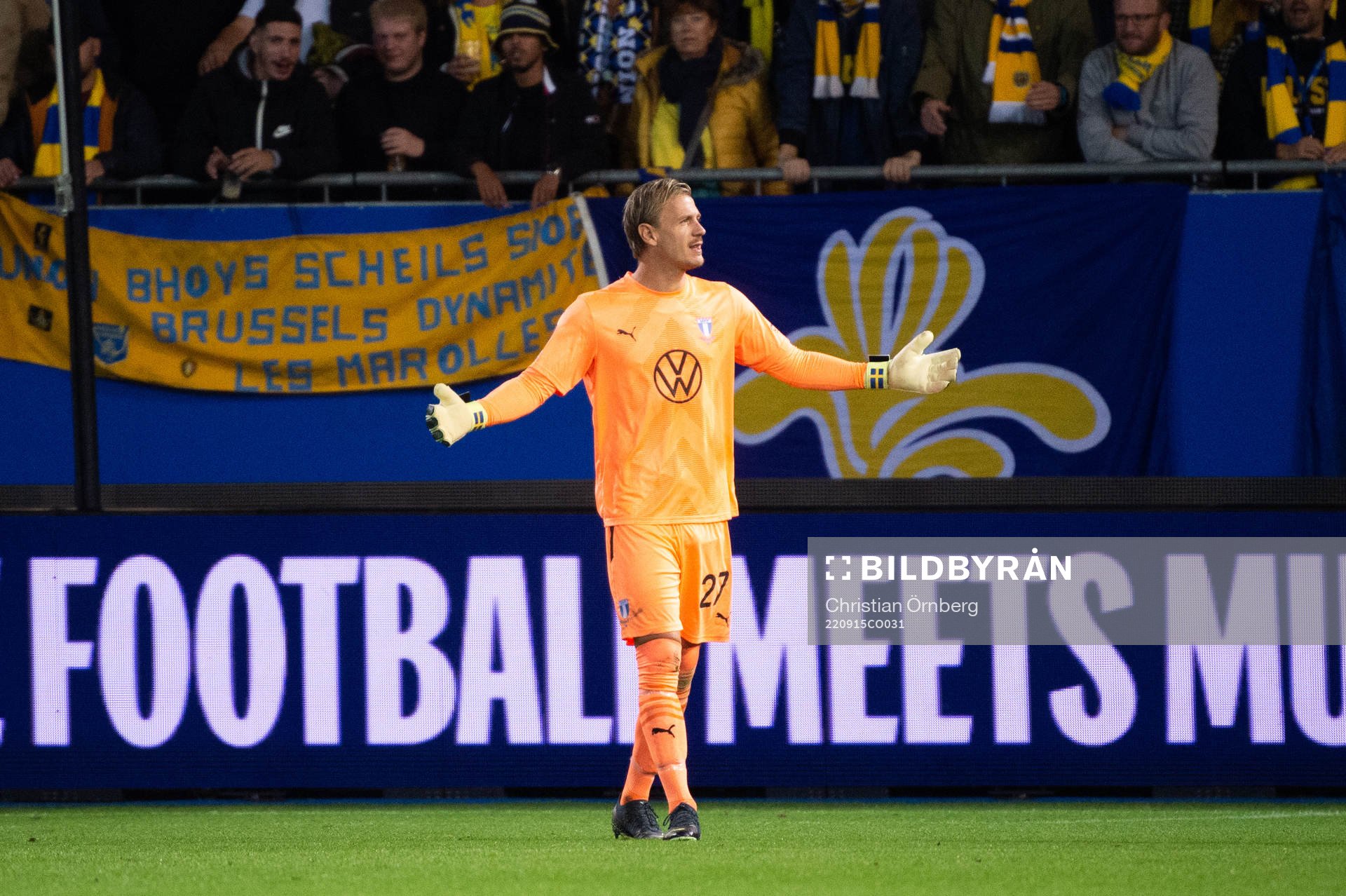 Goalkeeper Johan Dahlin of Malmö FF reacts