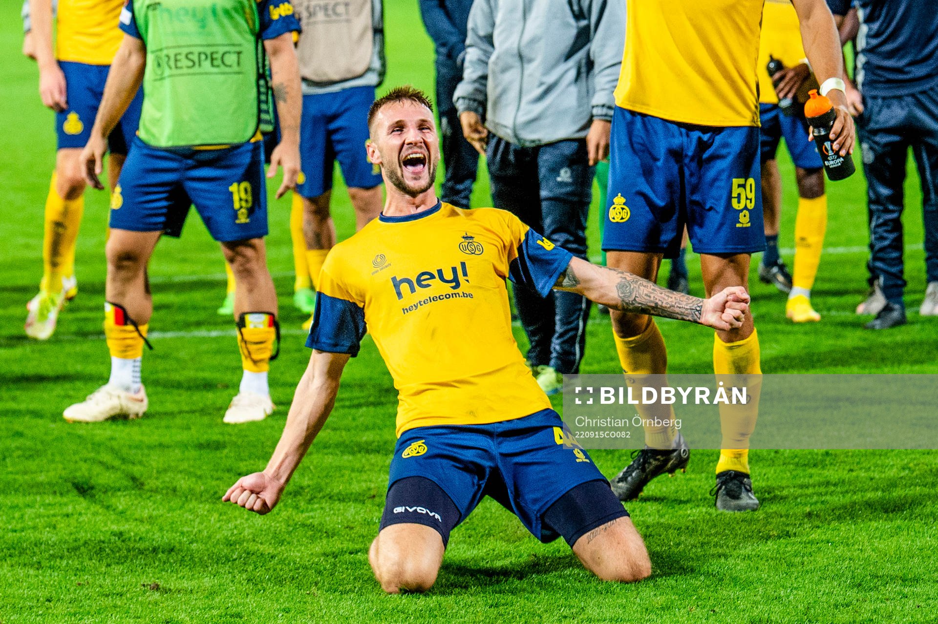 Siebe Van Der Heyden of Royale Union Saint-Gilloise celebrates after the UEFA Europa League match between Royale Union Saint-Gilloise and Malmö FF on September 15, 2022 in Leuven. 