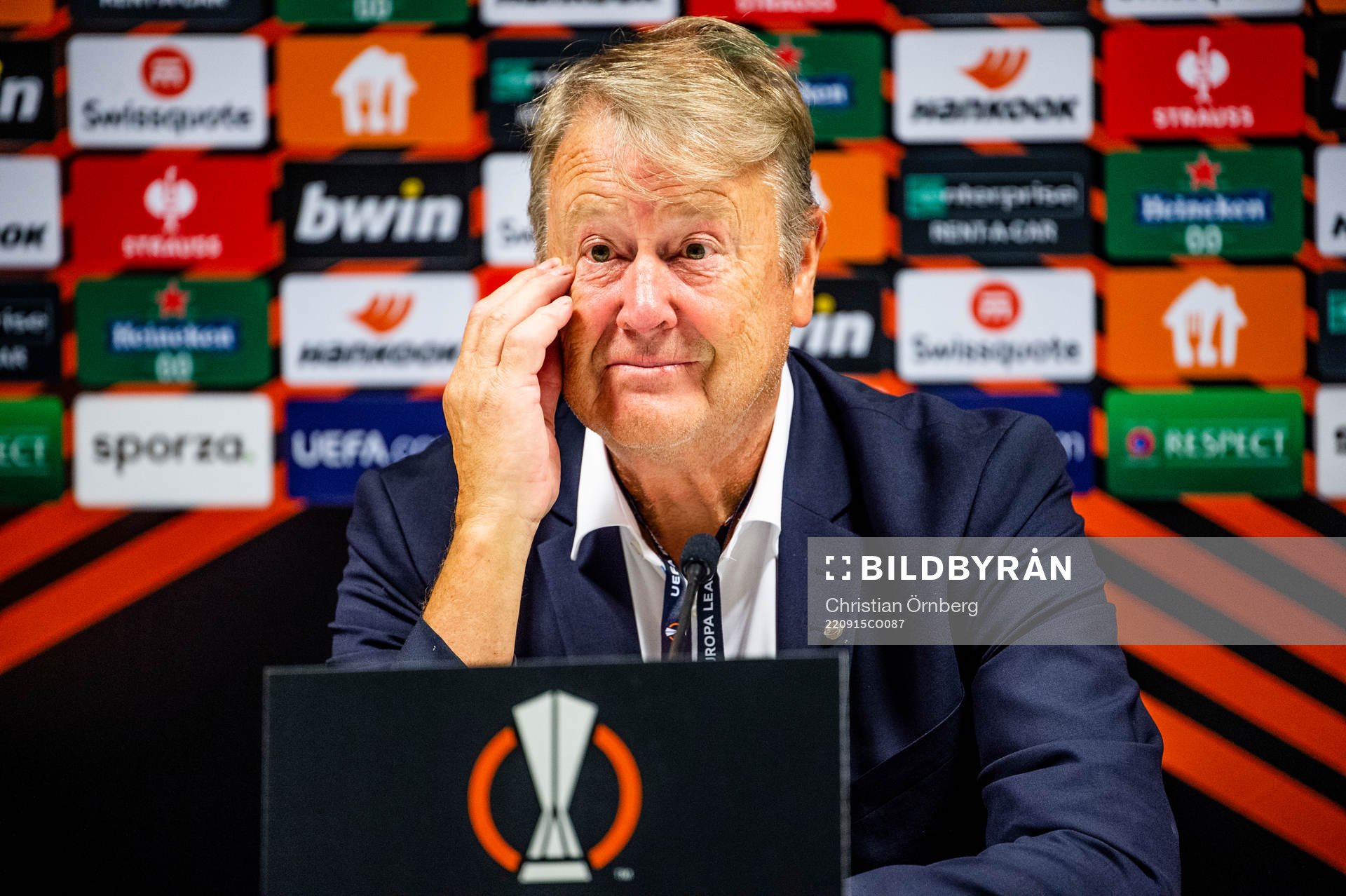 Head coach Åge Hareide of Malmö FF on a press conference after the UEFA Europa League match between Royale Union Saint-Gilloise and Malmö FF on September 15, 2022 in Leuven.