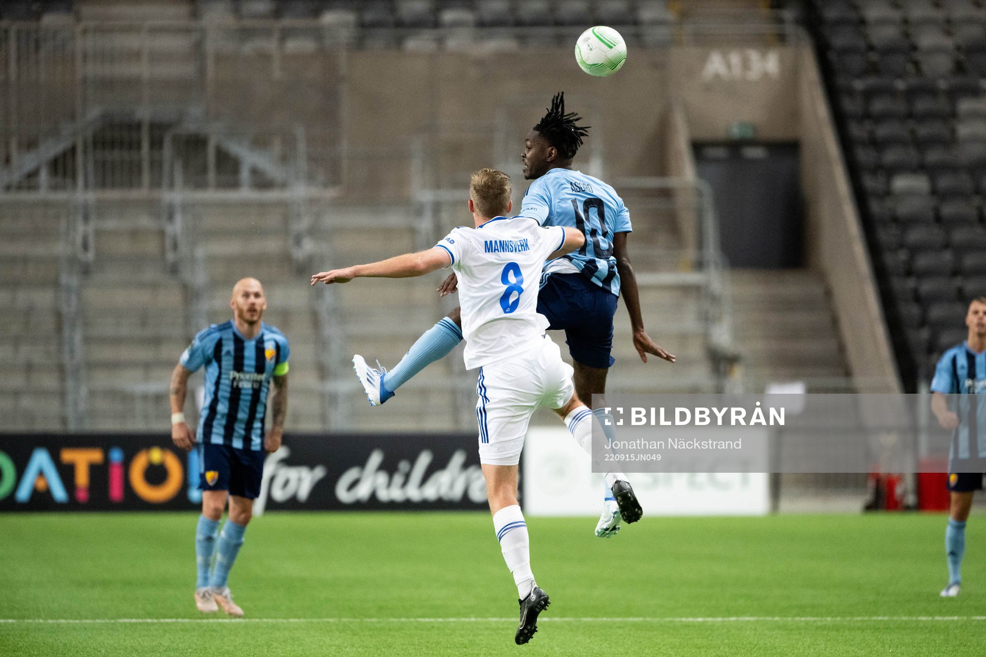 Sivert Mannsverk of Molde and Joel Asoro of Djurgården during the UEFA Conference League match between Djurgården and Molde on September 15, 2022 in Stockholm.