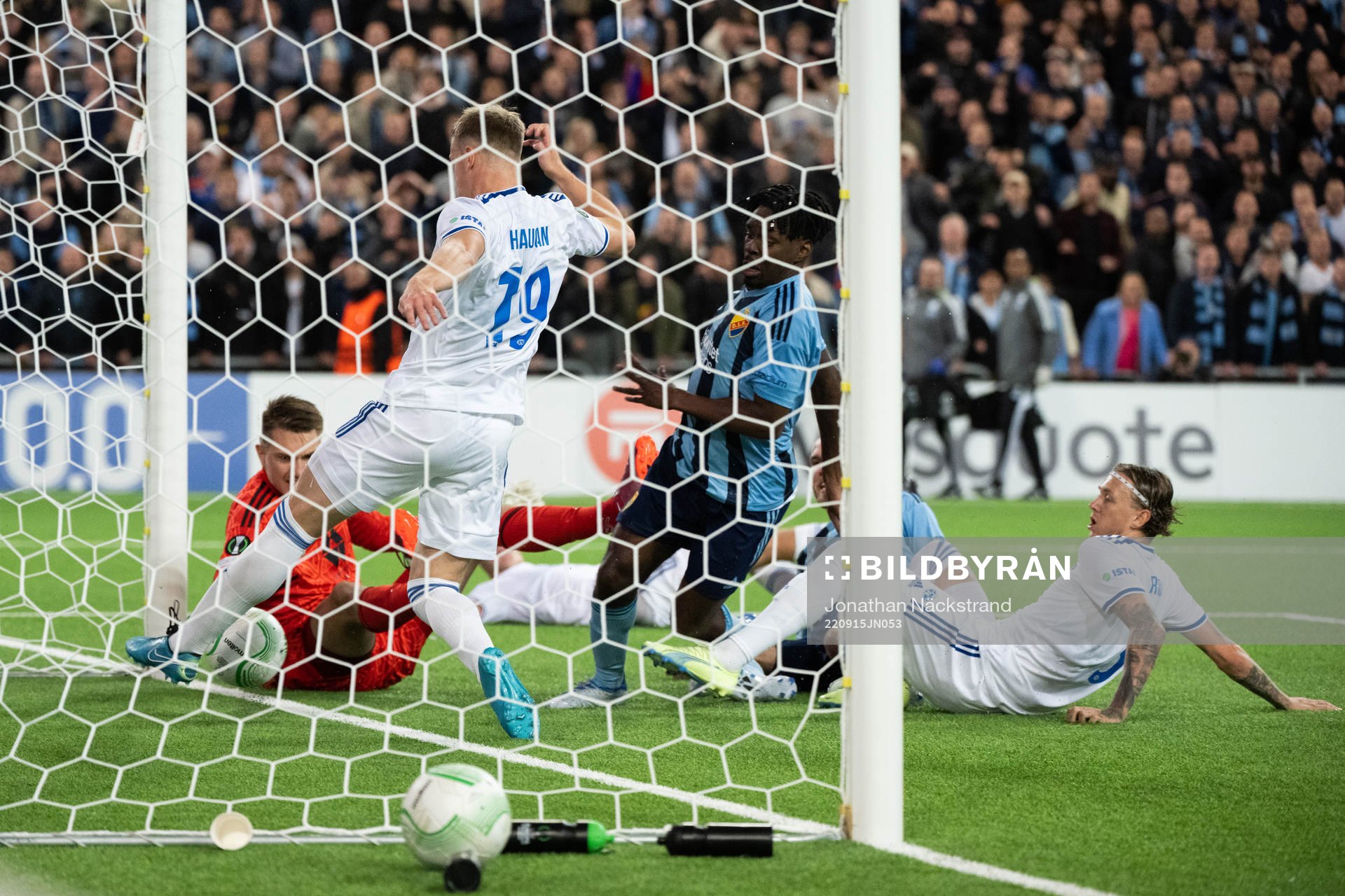 Joel Asoro of Djurgården scores 3-2 during the UEFA Conference League match between Djurgården and Molde on September 15, 2022 in Stockholm.