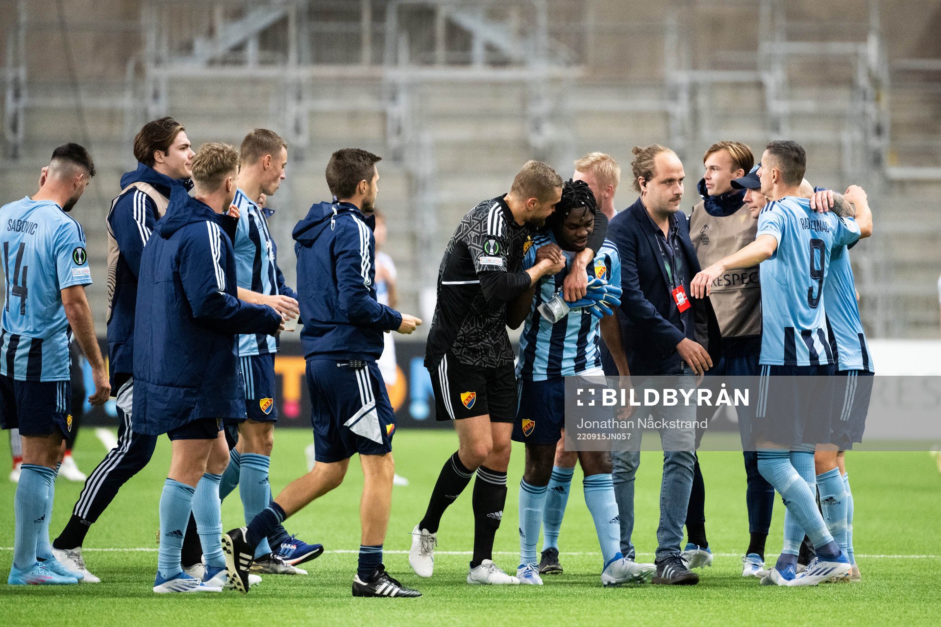 Players of Djurgården celebrate with Joel Asoro