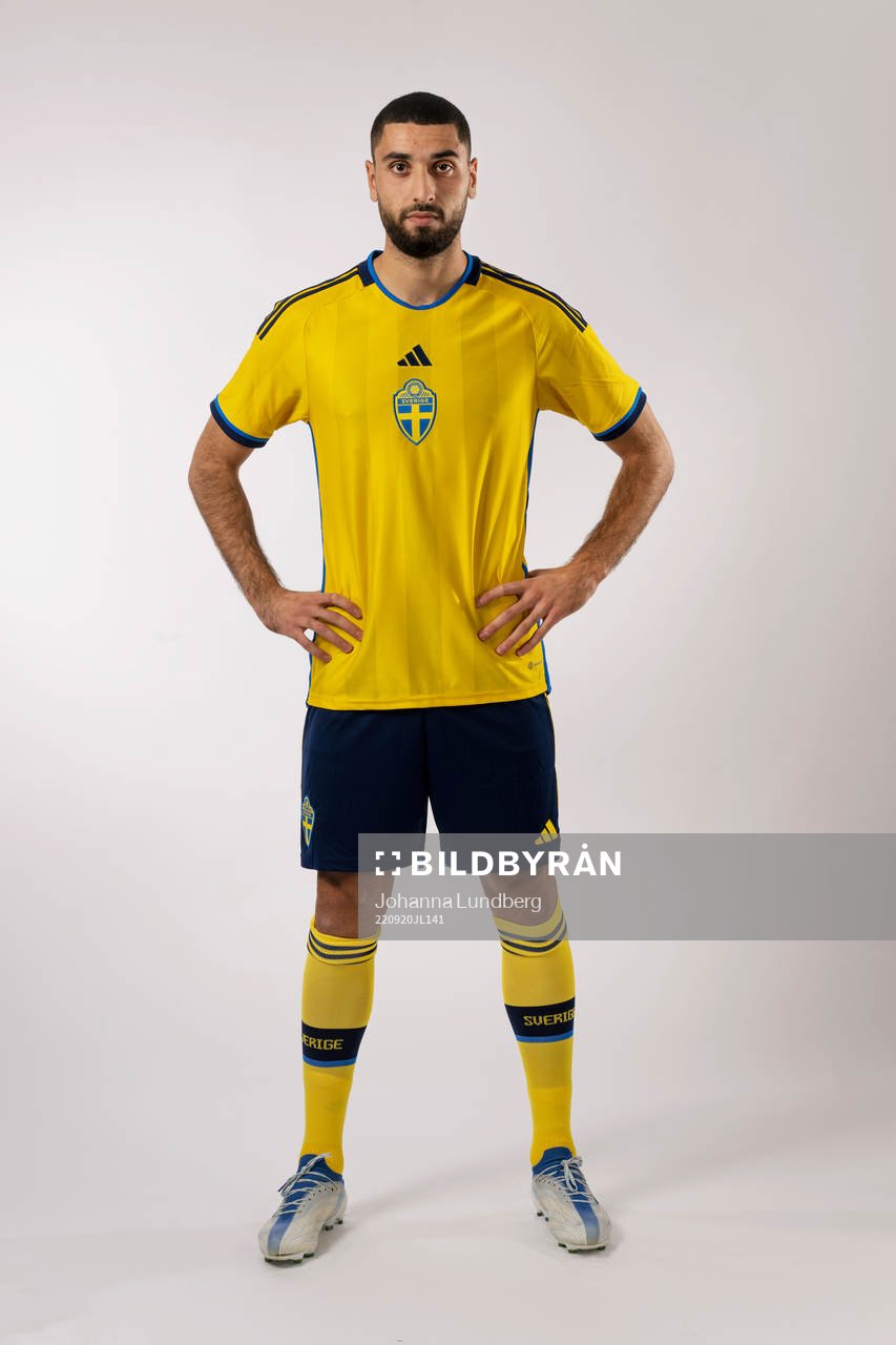 Aiham Ousou of the Swedish national football team poses for a portrait on September 20, 2022 in Stockholm. Editors note: The picture has been retouched.