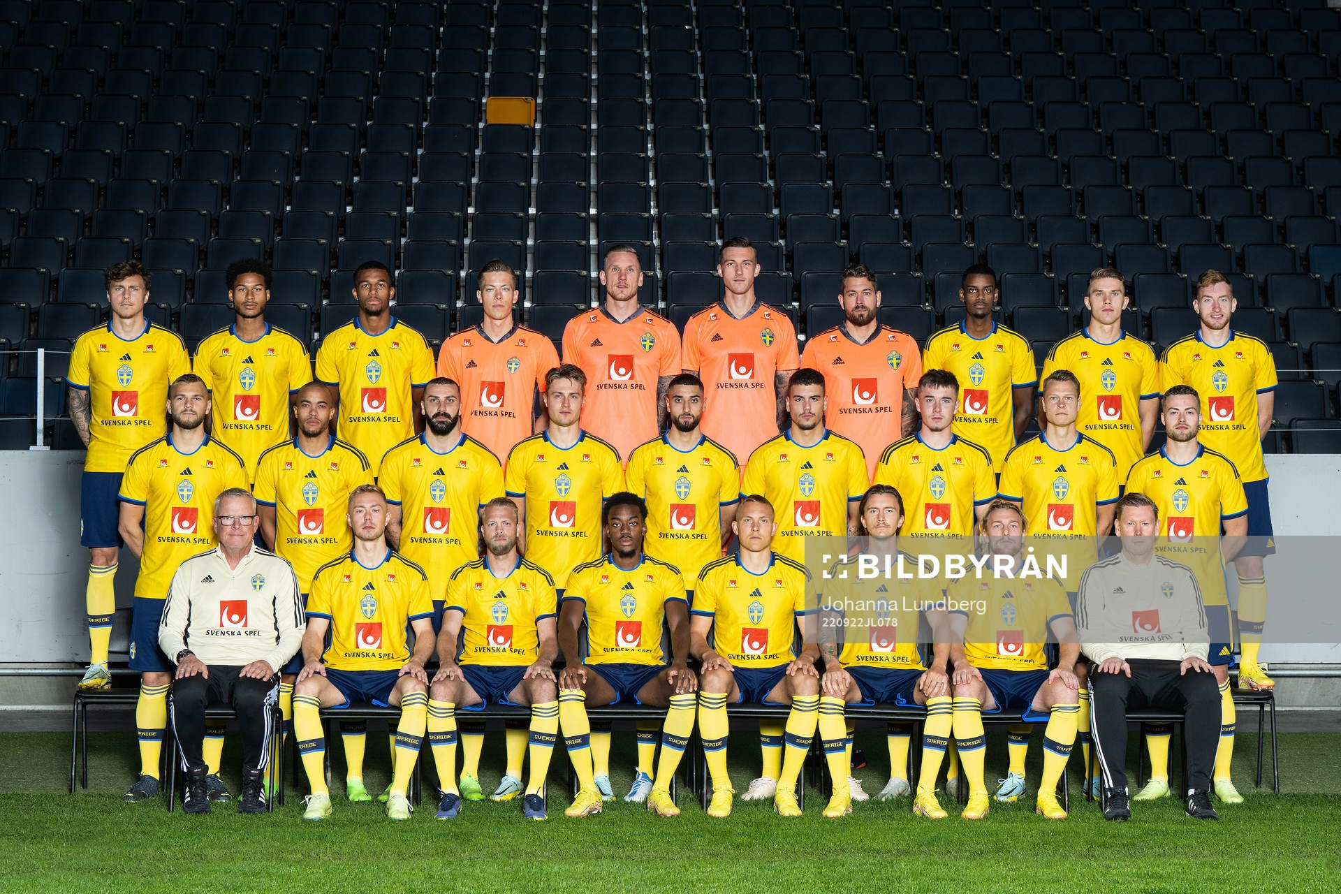 Players and coaching staff of the Swedish national football team pose for a team photo on September 22, 2022 in Stockholm. Top row, left to right: Victor Nilsson Lindelöf, Jens Cajuste, Isak Hien, Leopold Wahlstedt, Robin Olsen, Andreas Linde, Kristoffer Nordfeldt Alexander Isak, Viktor Gyökeres and Dejan Kulusevski. Middle row: Jesper Karlström, Robin Quaison, Mikael Ishak, Mattias Svanberg, Aiham Ousou, Edvin Kurtulus, Patrik Wålemark, Viktor Claesson and Gabriel Gudmundsson. Bottom Row: Head coach Janne Andersson, Joel Andersson, Daniel Sundgren, Anthony Elanga, Ludwig Augustinsson, Kristoffer Olsson, Emil Forsberg and assistant coach Peter Wettergren. EDITORS NOTE: The picture has been retouched.