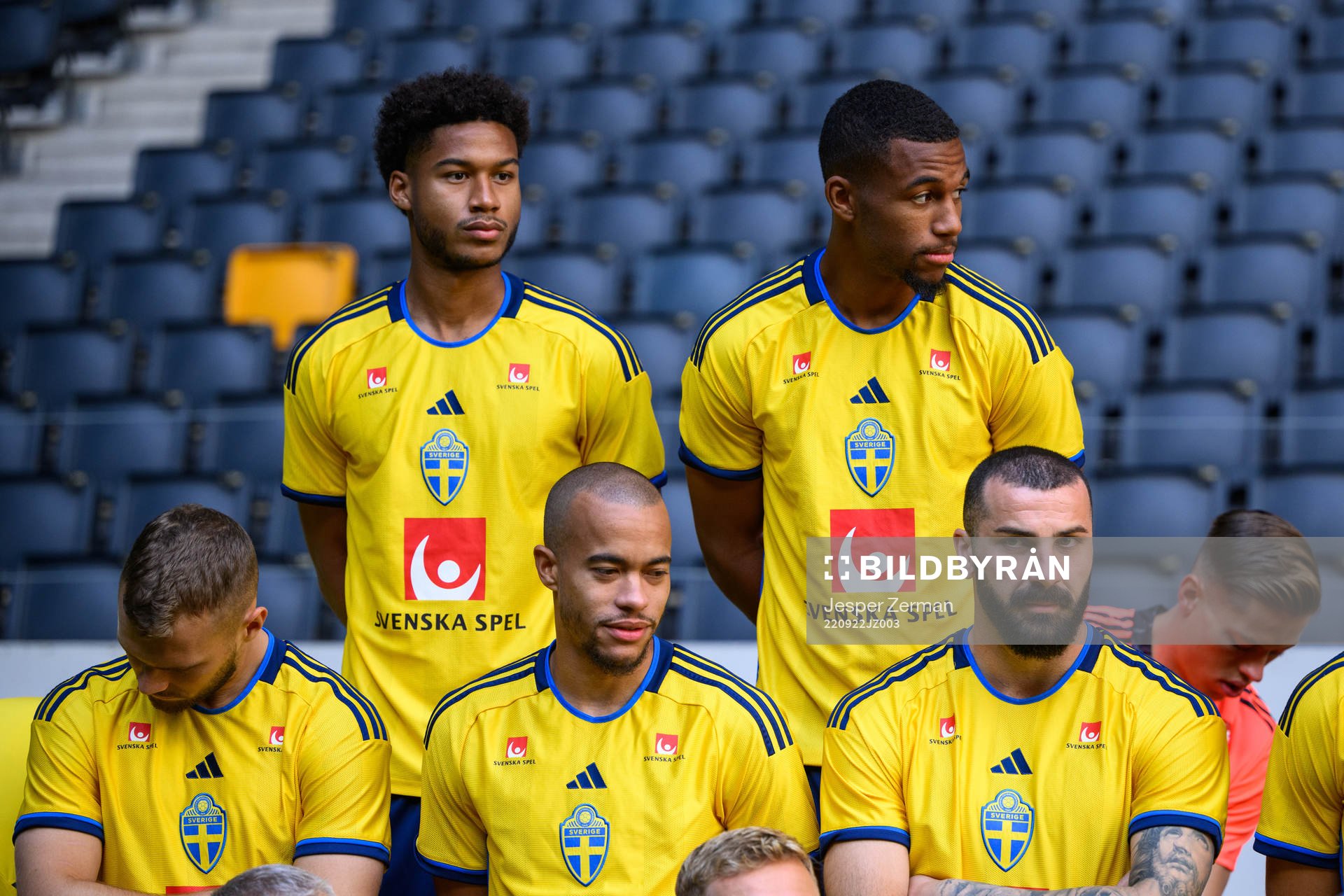 Jens Cajuste, Isak Hien, Jesper Karlström, Robin Quaison and Mikael Ishak of the Swedish national football team during the official team photo on September 22, 2022 in Stockholm.