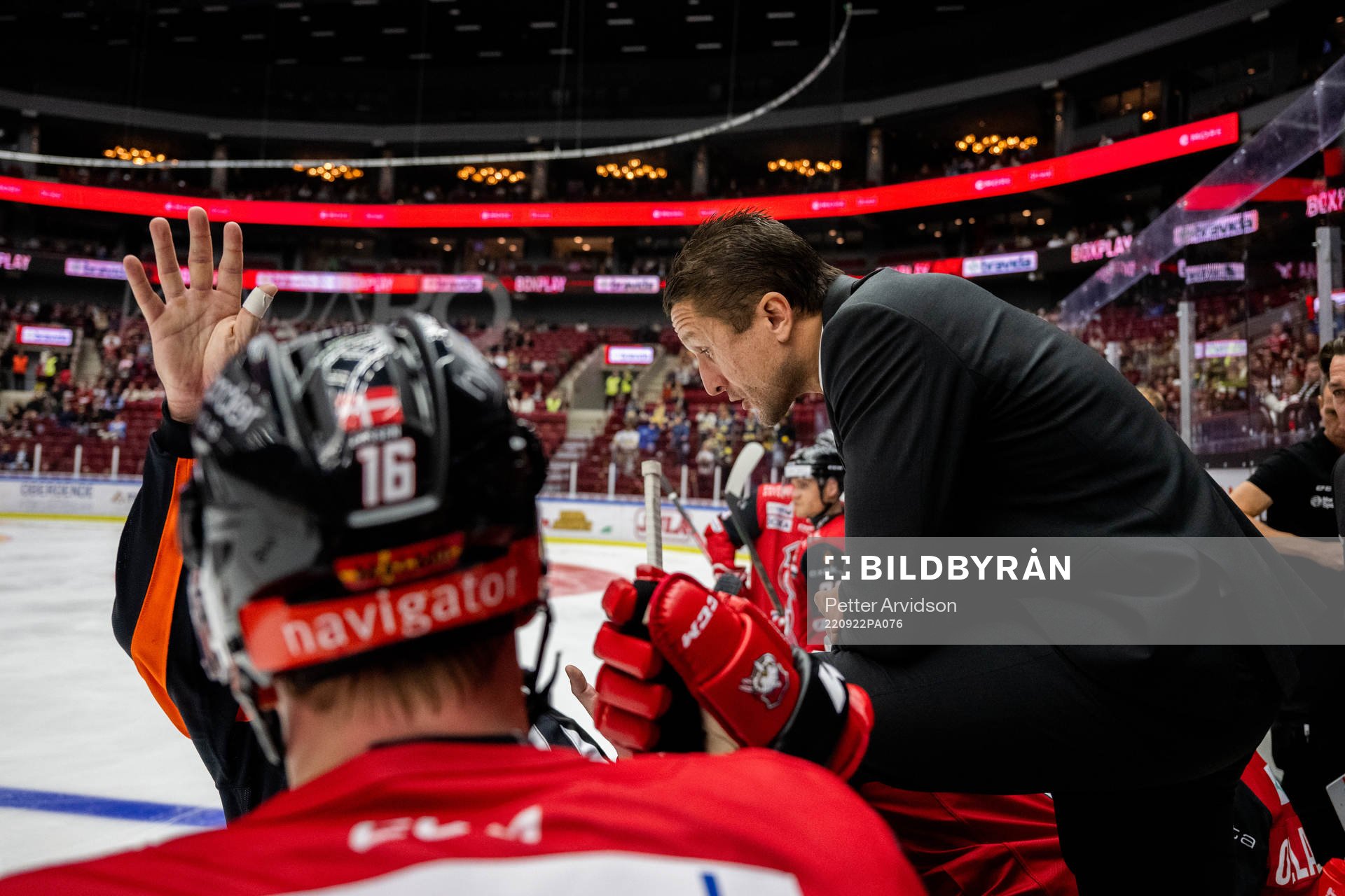 Malmö Redhawks tränare Tomas Kollar i samtal med domare