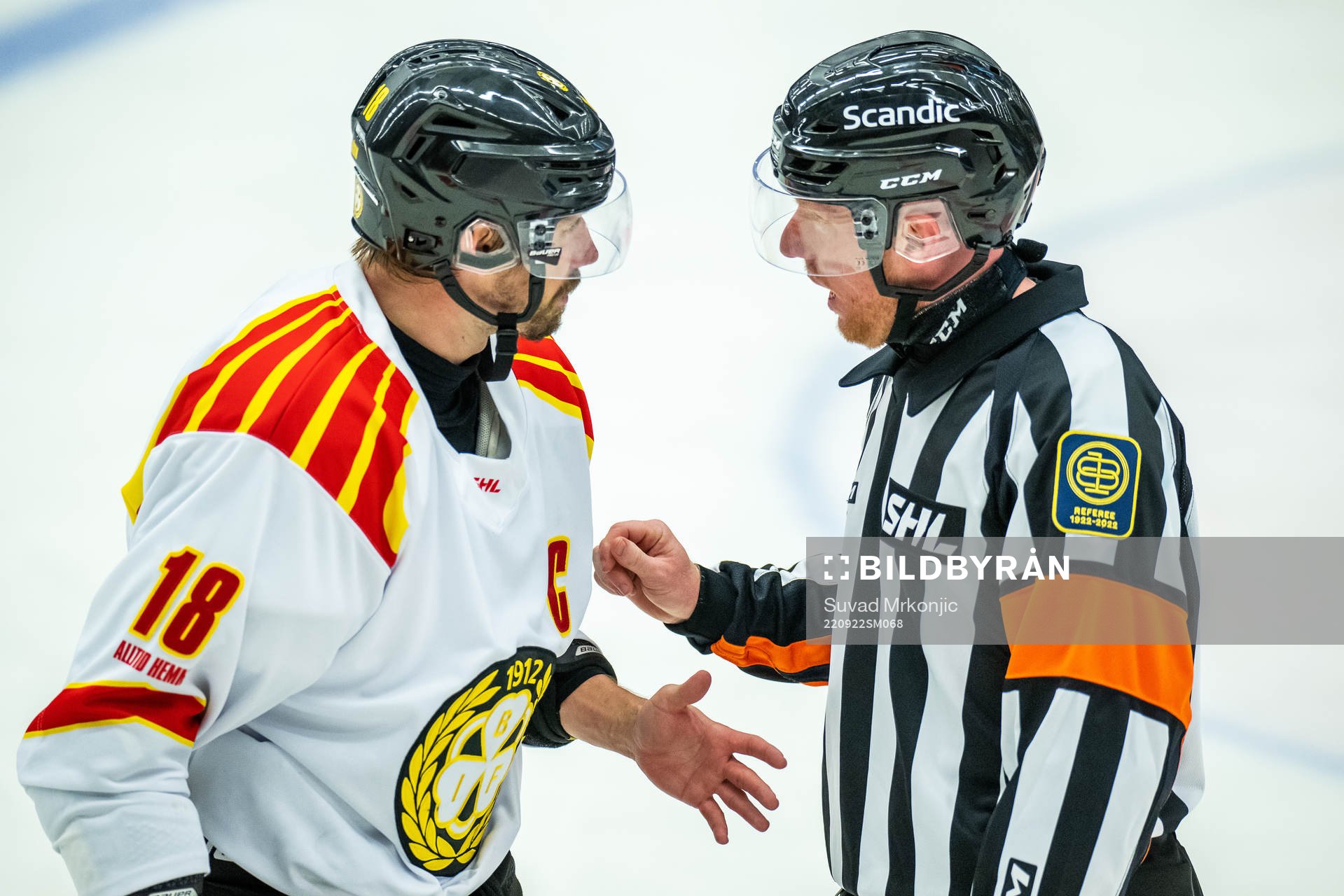 Brynäs Anton Rödin diskuterar med Domare Mikael Holm