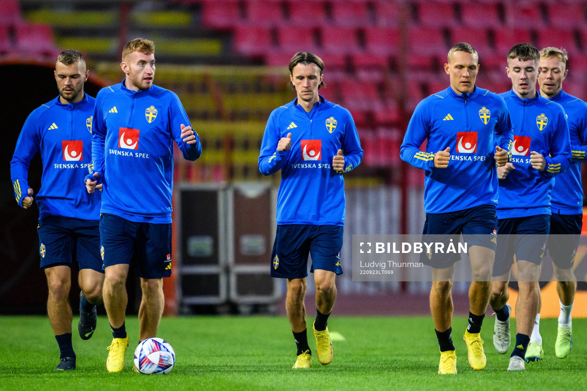 Dejan Kulusevski, Kristoffer Olsson, Ludwig Augustinsson and Patrik Wålemark during a training session with the national football team of Sweden on September 23, 2022 in Belgrade.