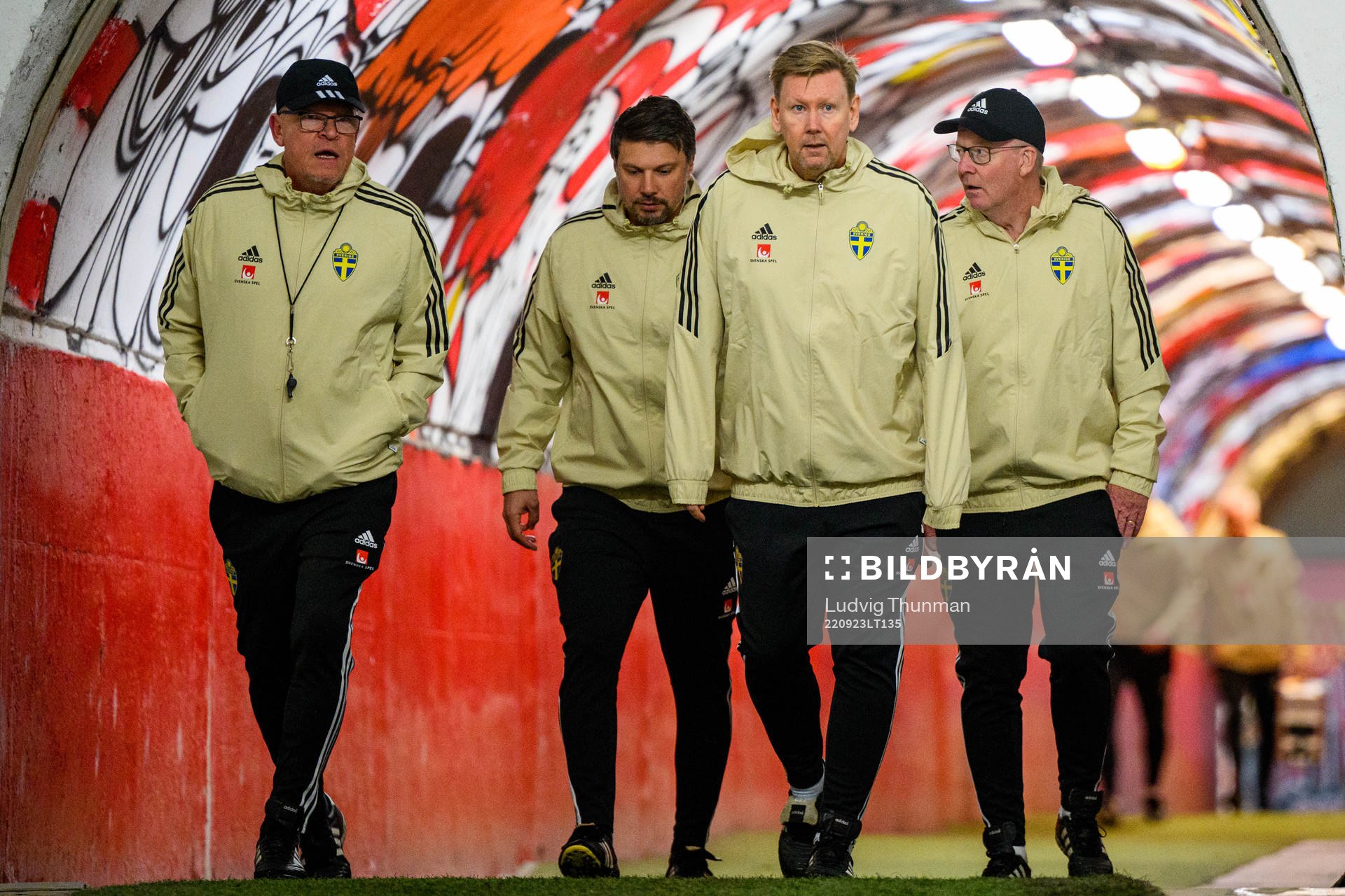 Head coach Janne Andersson, Sport psychologist Daniel Ekvall, Assistant coach Peter Wettergren and scout Lasse Jakobsson after a training session with the national football team of Sweden on September 23, 2022 in Belgrade.
