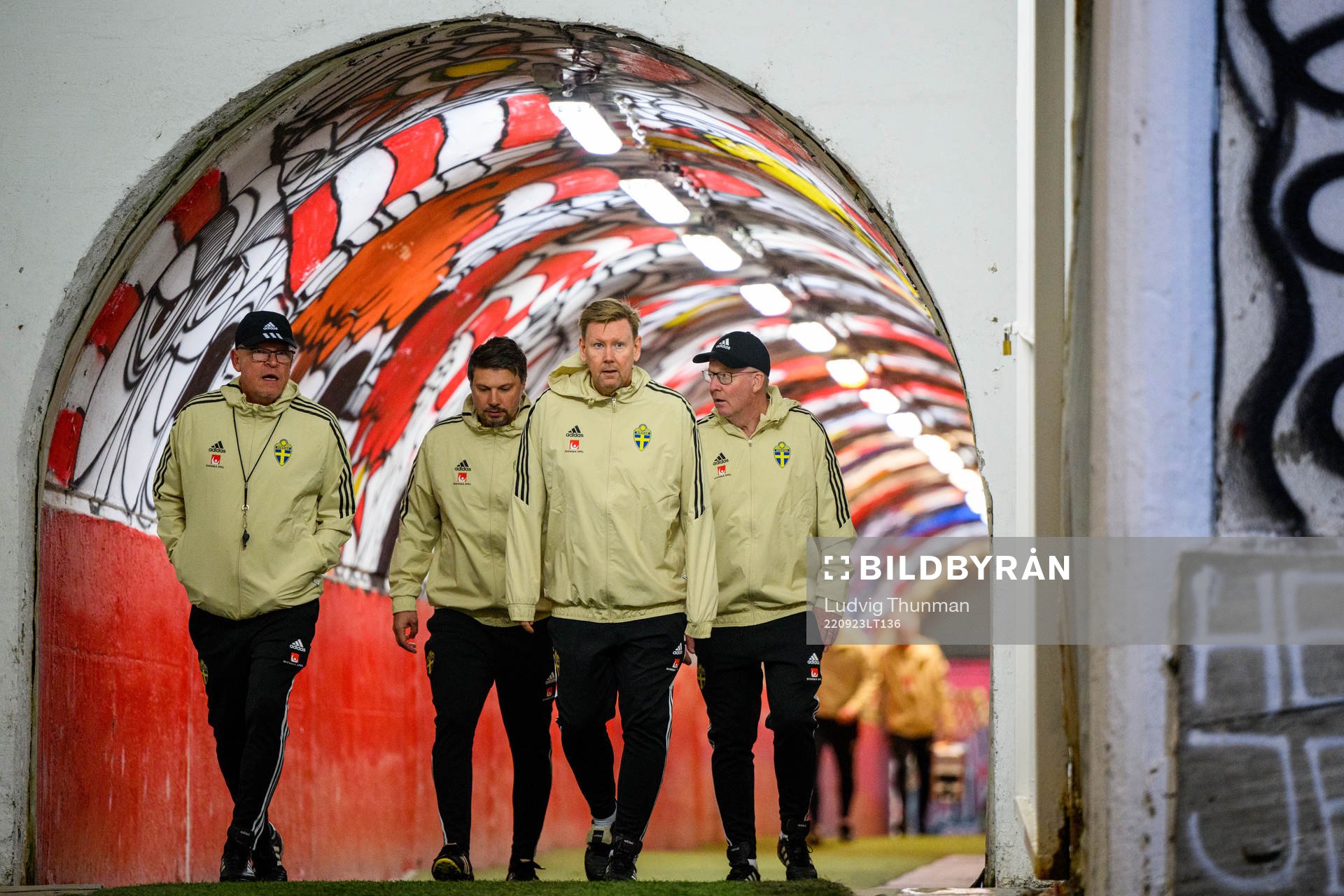 Head coach Janne Andersson, Sport psychologist Daniel Ekvall, Assistant coach Peter Wettergren and scout Lasse Jakobsson after a training session with the national football team of Sweden on September 23, 2022 in Belgrade.