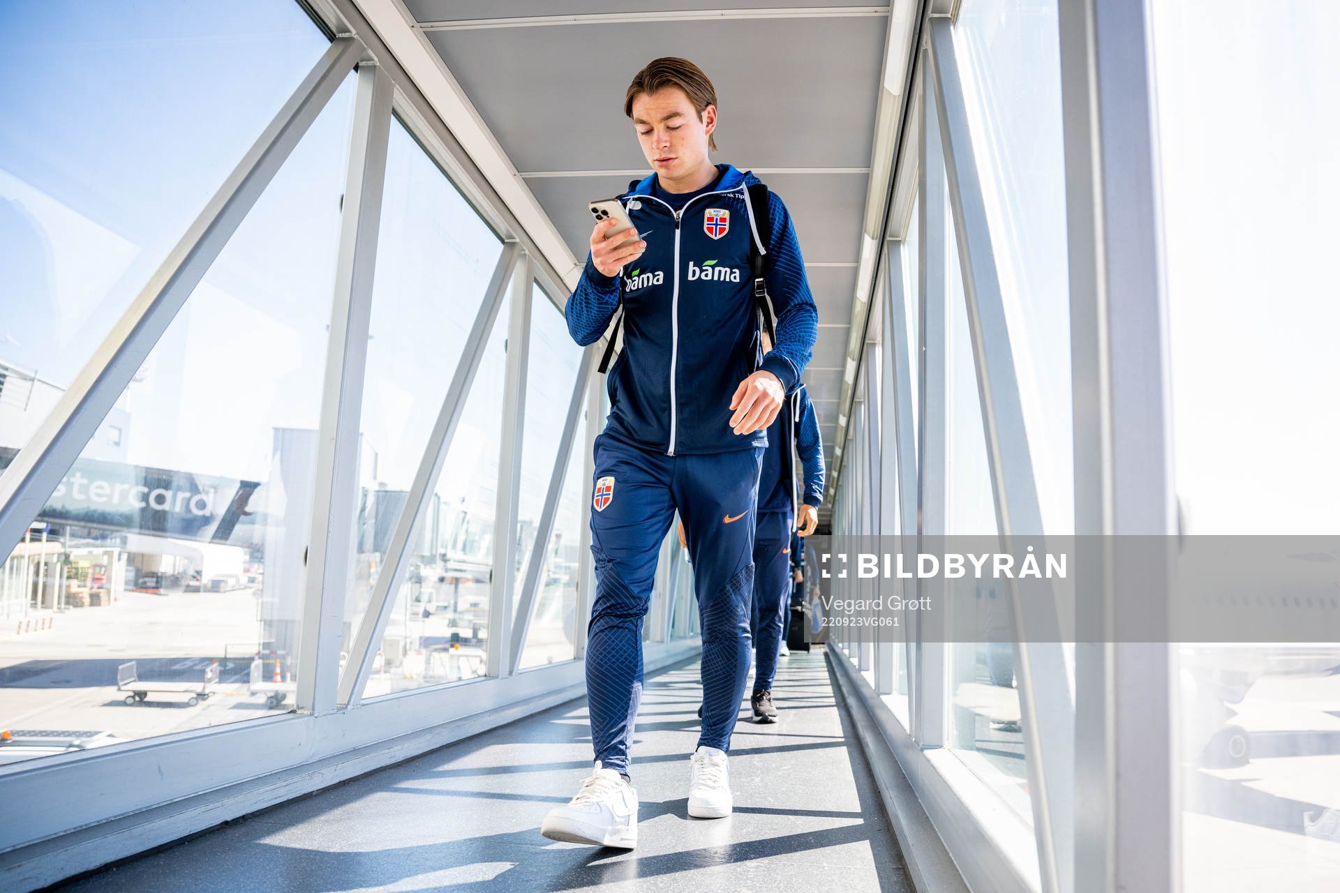 Patrick Berg of the Norwegian national football team arrives at Brnik airport on September 23, 2022 in Ljubljana. 