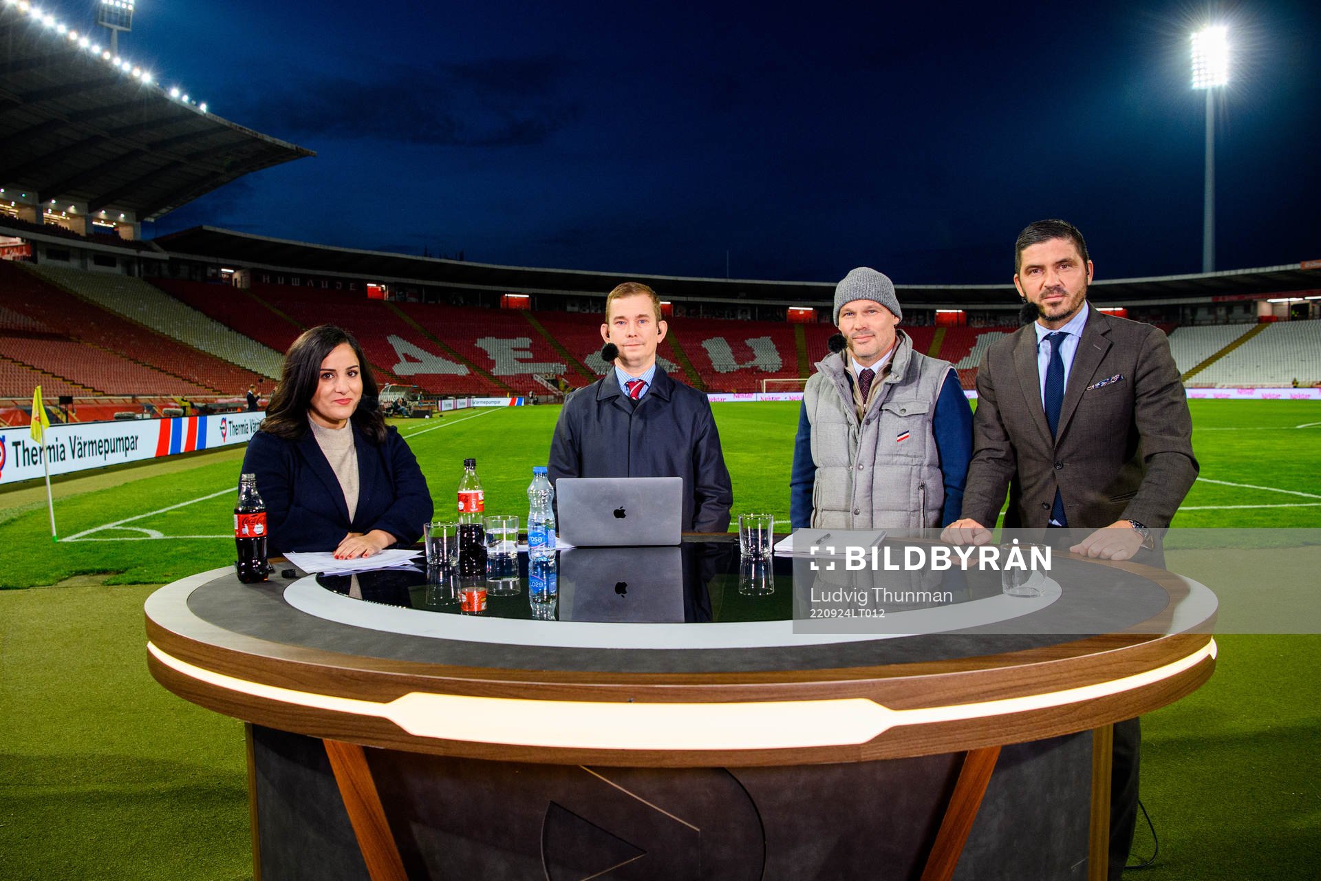 Jennifer Kücükaslan, Erik Niva, Fredrik Ljungberg and Bojan Djordjic of Viaplay Sweden ahead of the Nations League between Serbia and Sweden on September 24, 2022 in Belgrade.