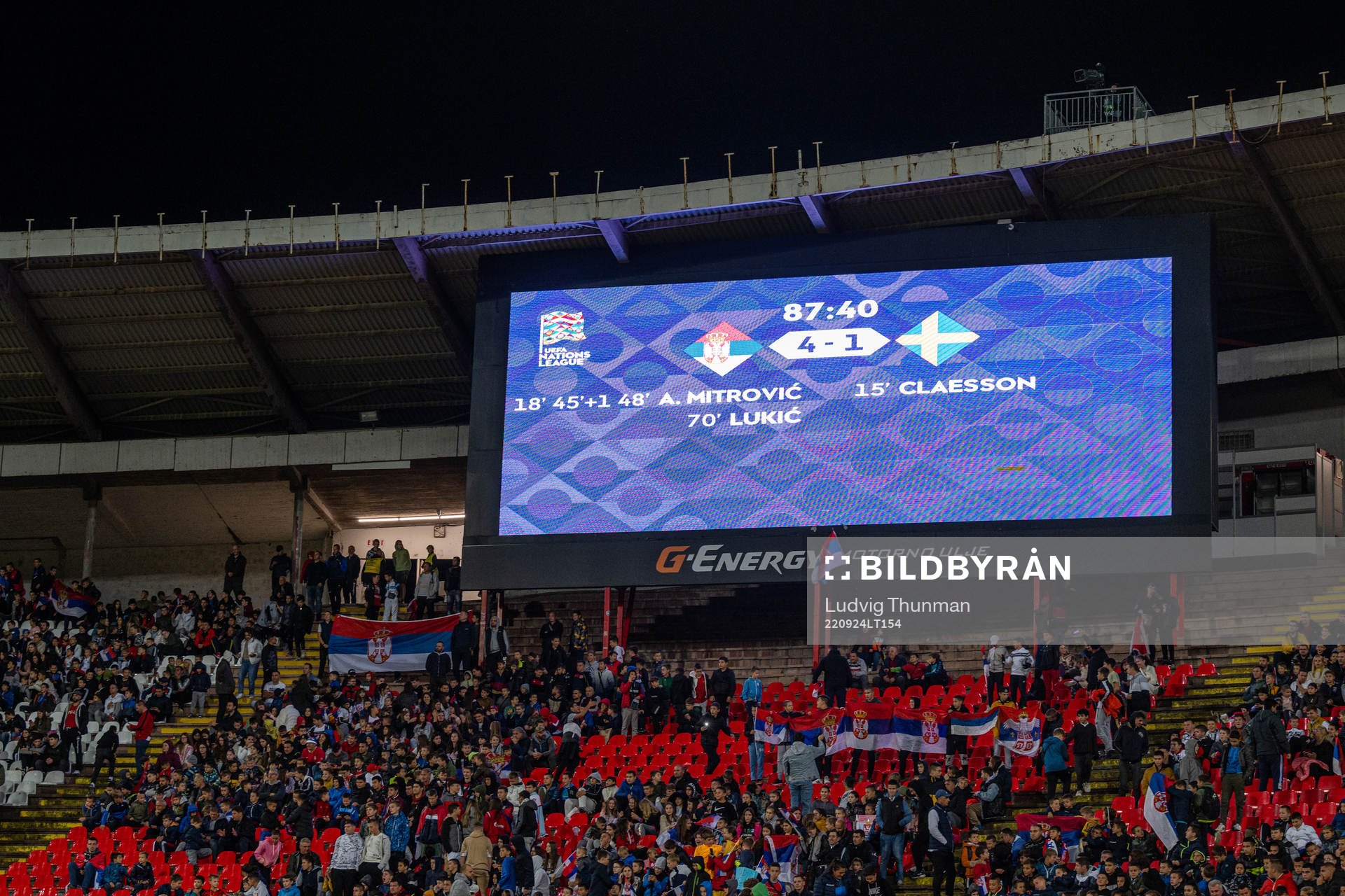 The final score is shown on a screen during the Nations League between Serbia and Sweden on September 24, 2022 in Belgrade. 