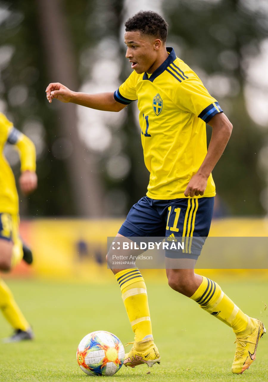 Momodou Lamin Sonko of Sweden during the under-17 4-Nations tournament football match between Sweden and Austria on September 24, 2022 in Ystad.