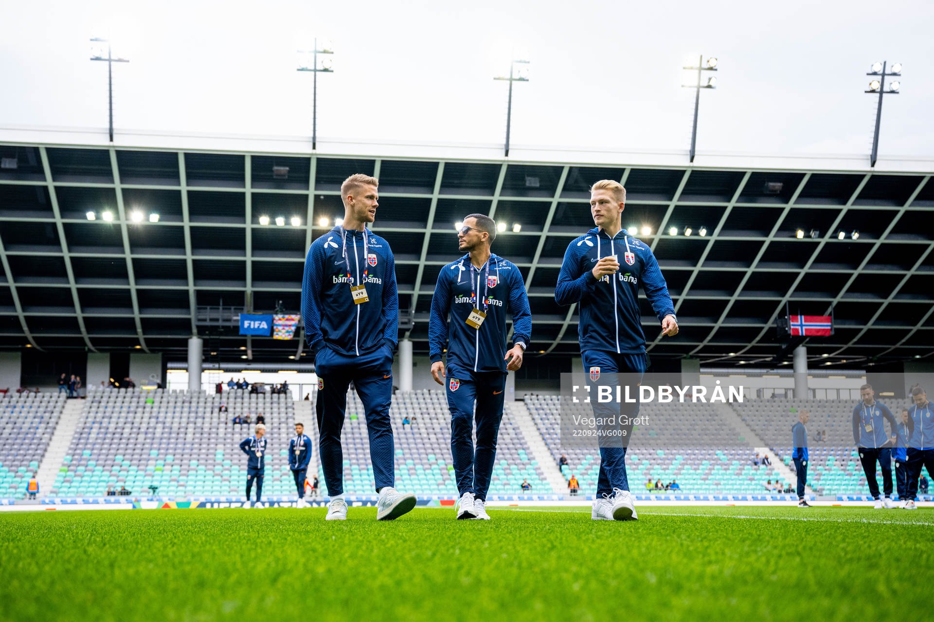 Kristoffer Ajer, Omar Elabdellaoui and Andreas Hanche-Olsen of Norway ahead of the Nations League football match between Slovenia and Norway on September 24, 2022 in Ljubljana.