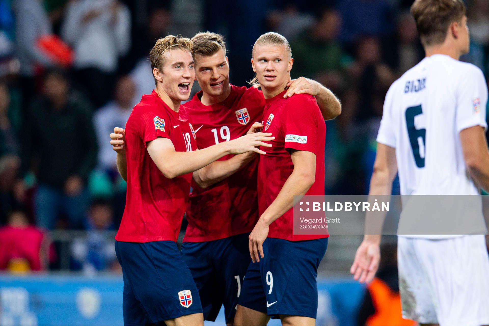 Erling Braut Haaland of Norway celebrates with teammates