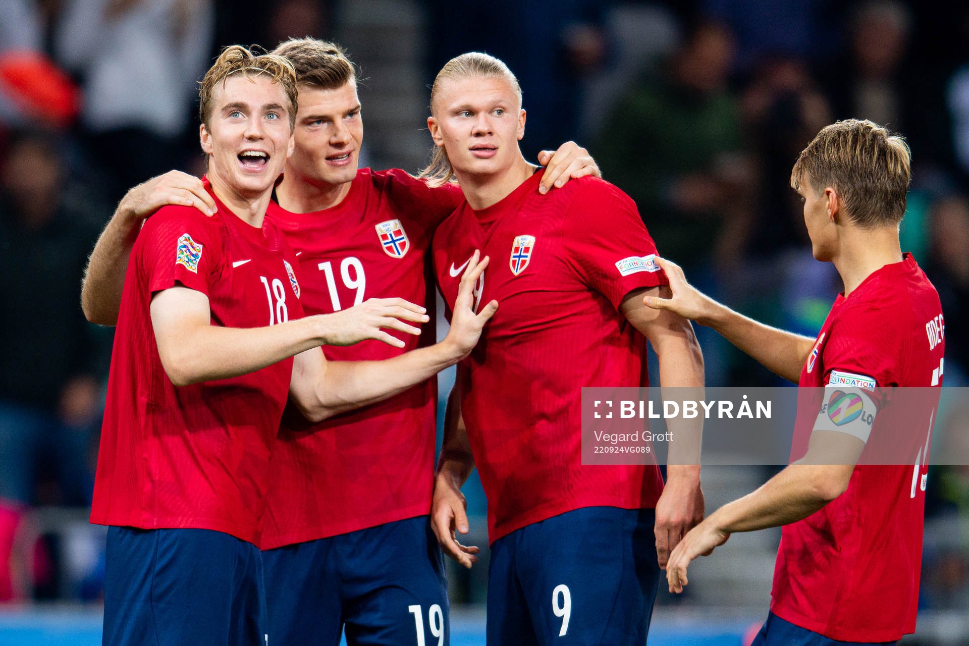 Erling Braut Haaland of Norway celebrates with teammates