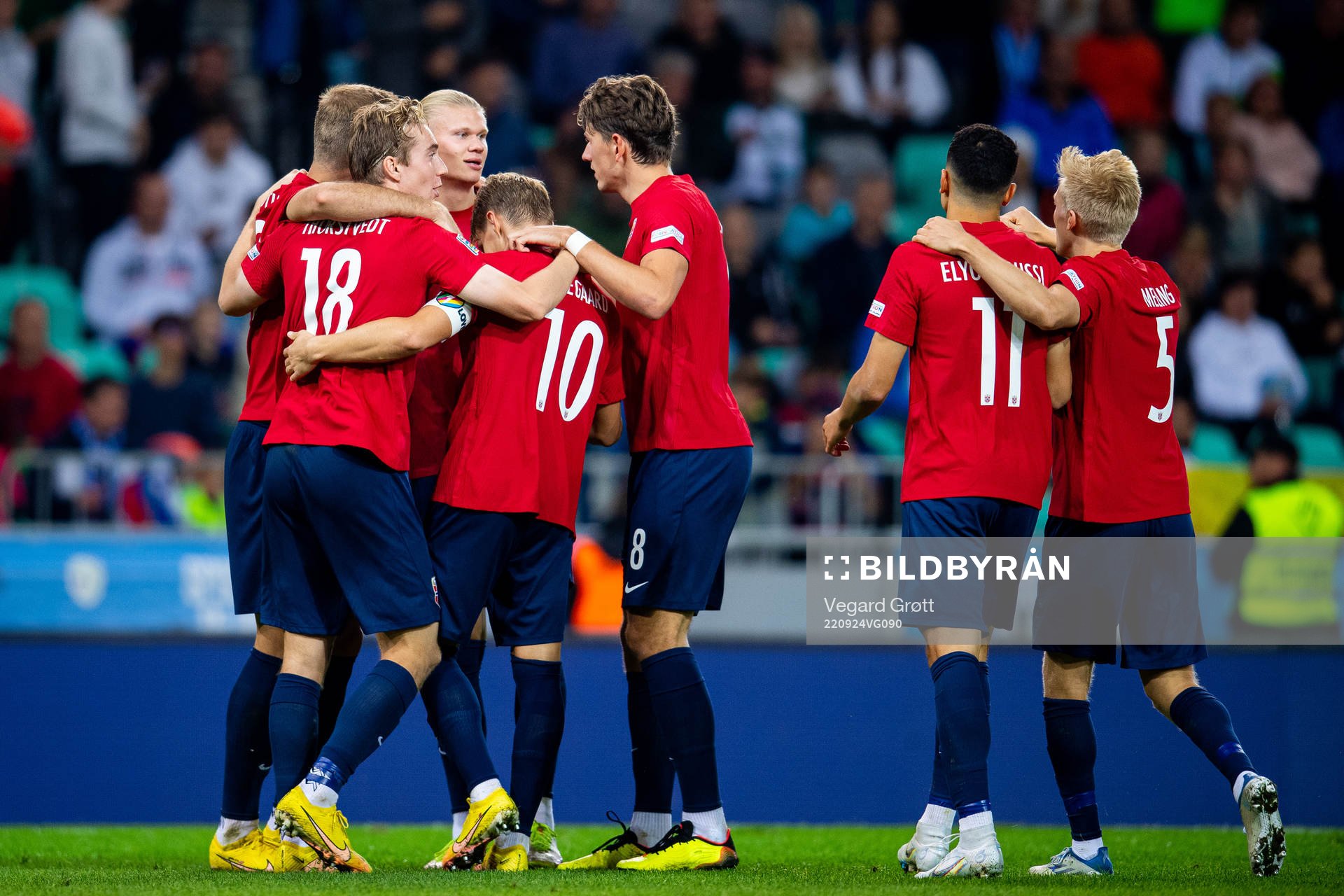 Erling Braut Haaland of Norway celebrates with teammates