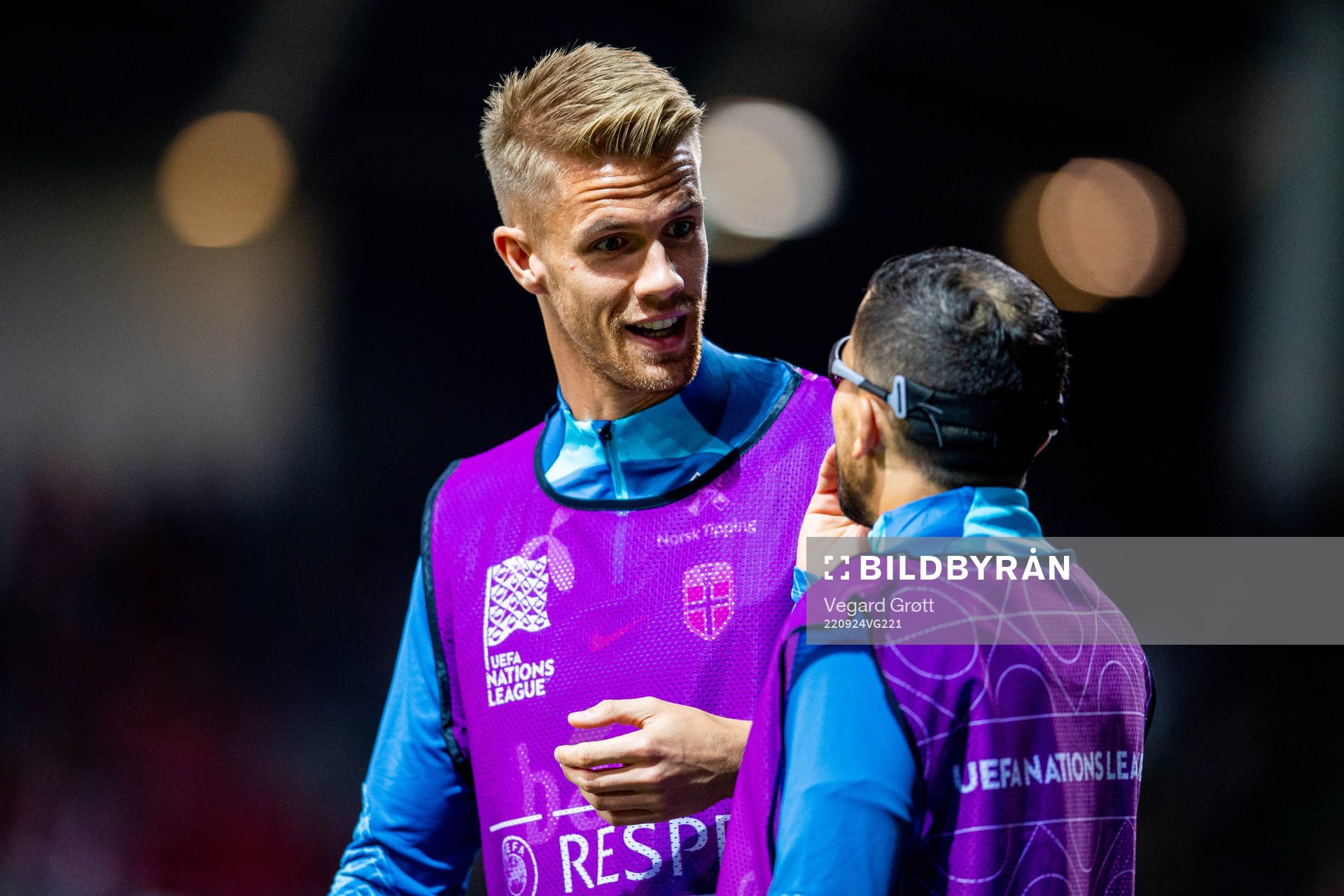 Kristoffer Ajer and Omar Elabdellaoui of Norway warm up